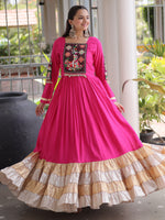 Superb Rani Pink Gamthi Work Rayon Navratri Wear Gown