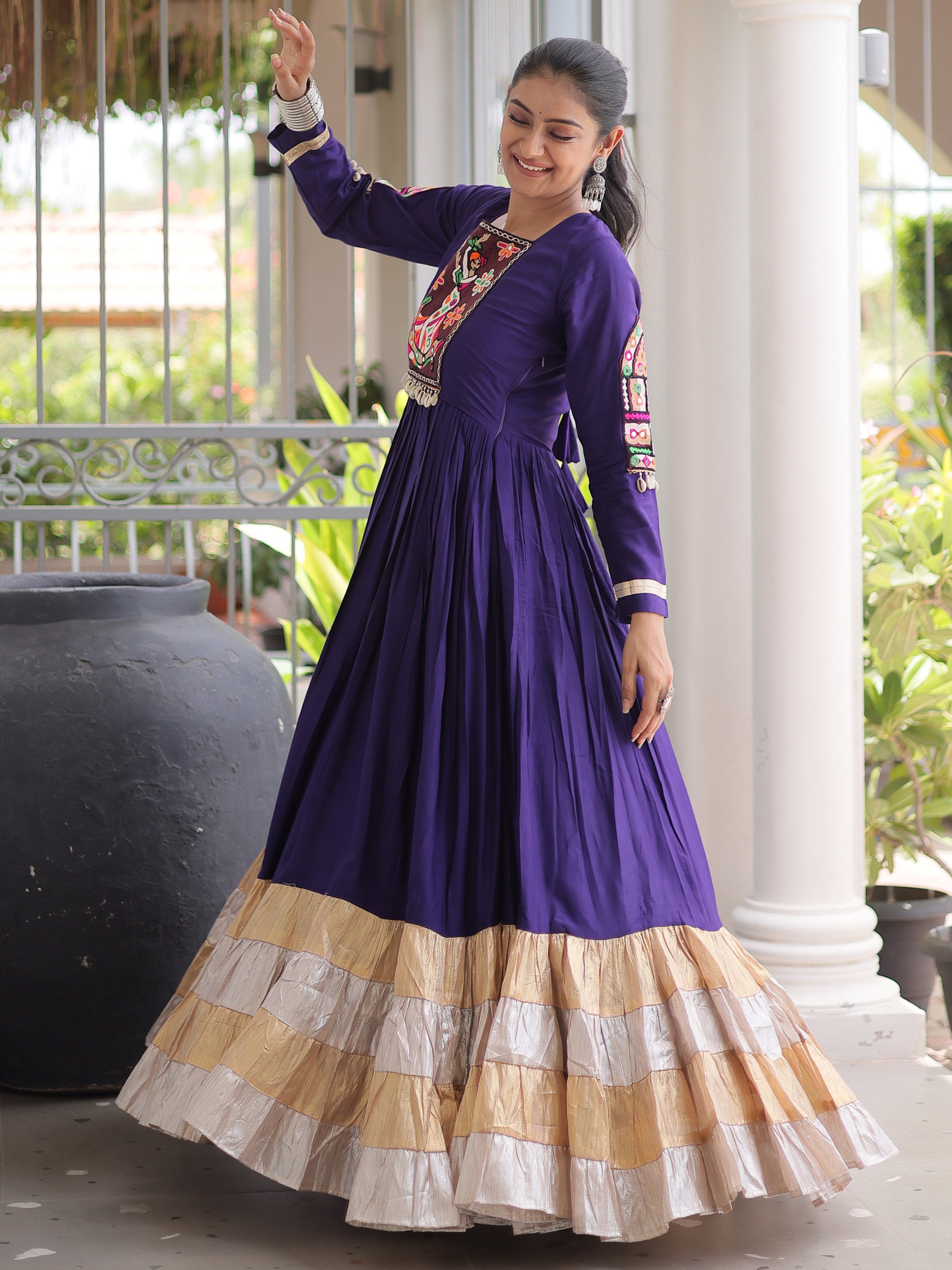 Marvelous Purple Thread Work Rayon Navratri Special Gown