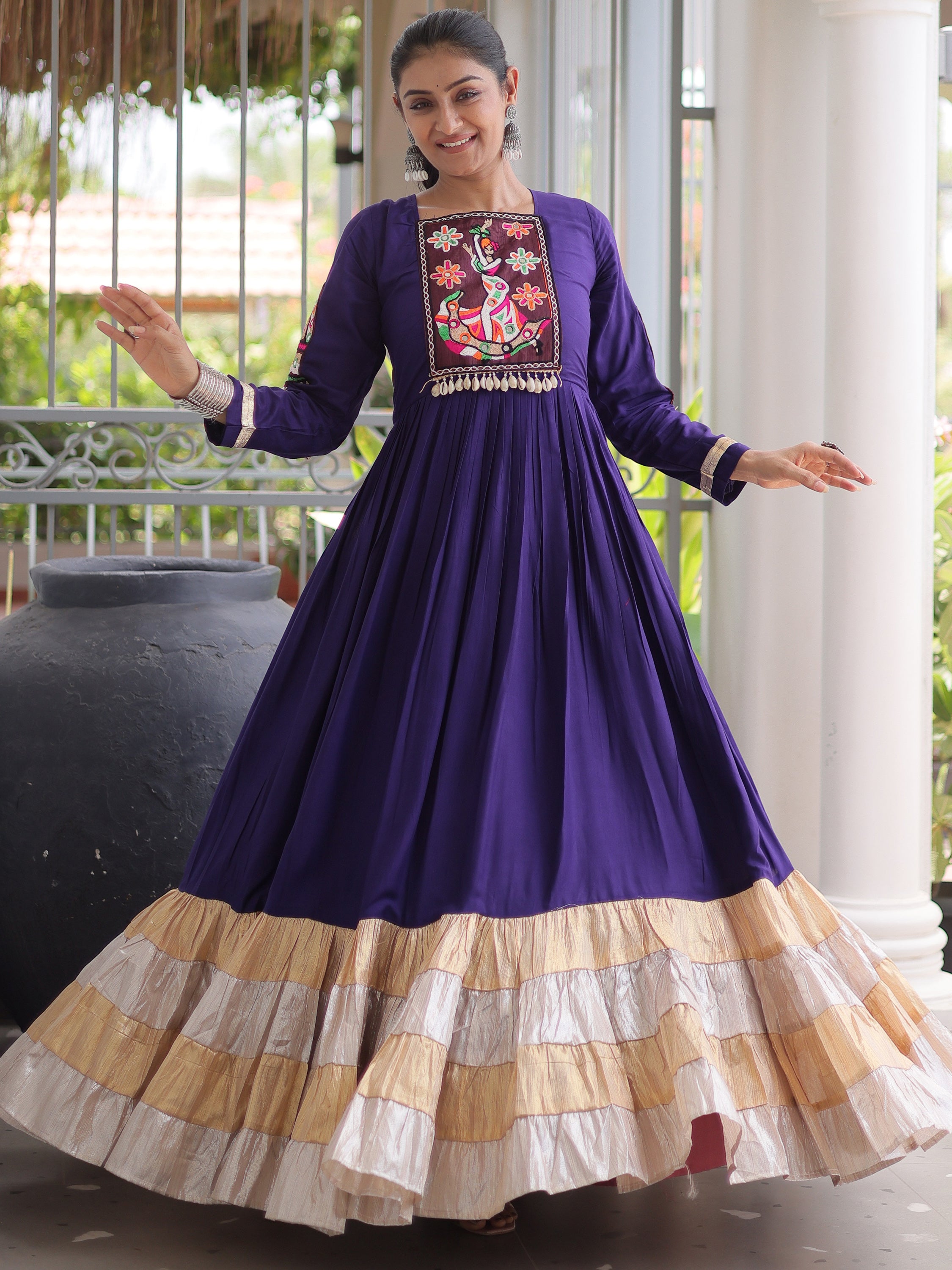Marvelous Purple Thread Work Rayon Navratri Special Gown