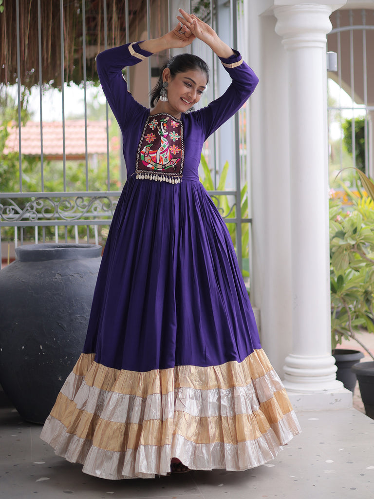Marvelous Purple Thread Work Rayon Navratri Special Gown