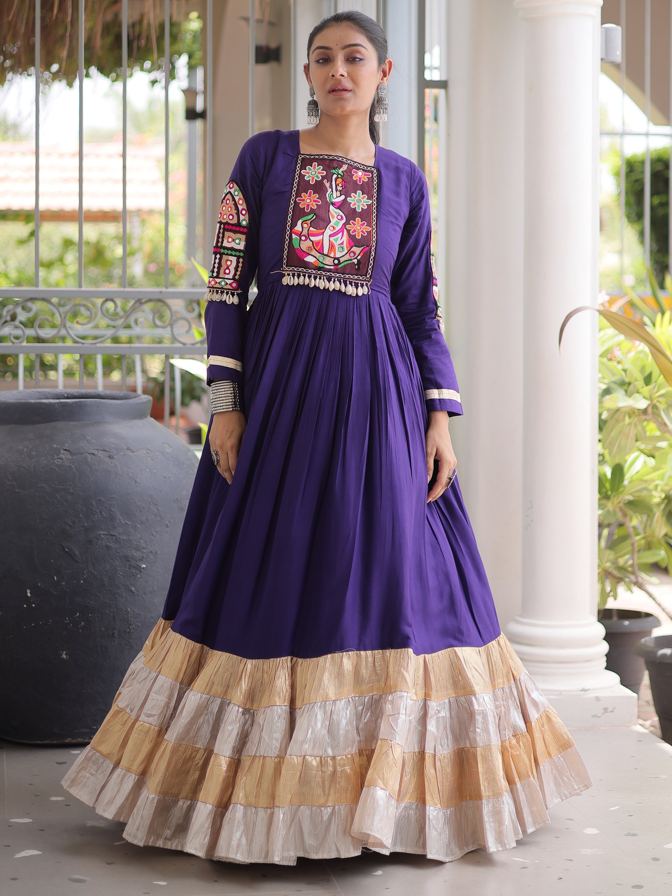 Marvelous Purple Thread Work Rayon Navratri Special Gown
