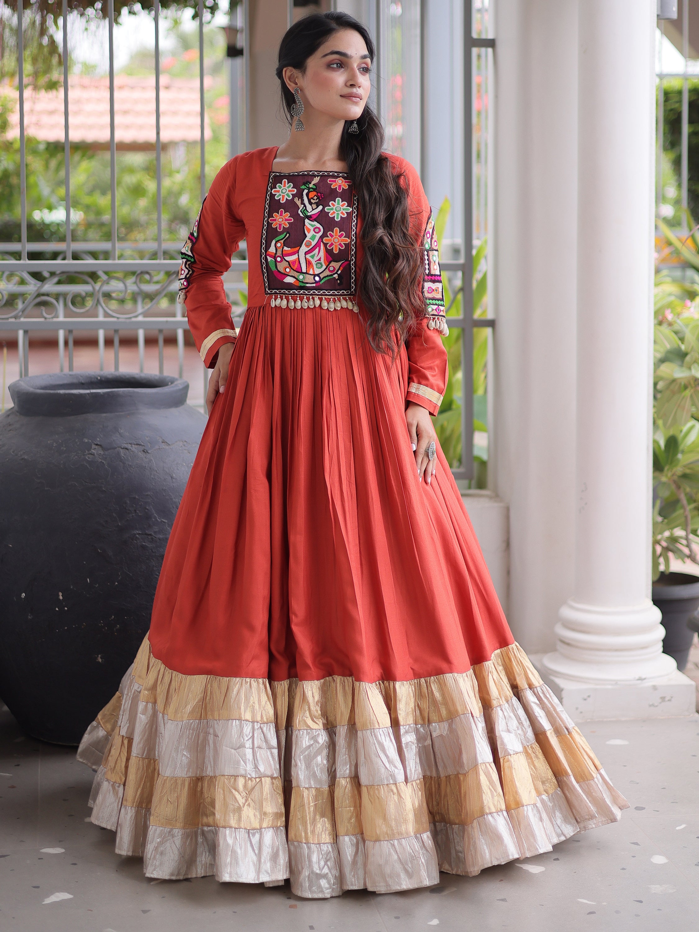 Charming Rust Orange Gamthi Work Rayon Festive Wear Gown