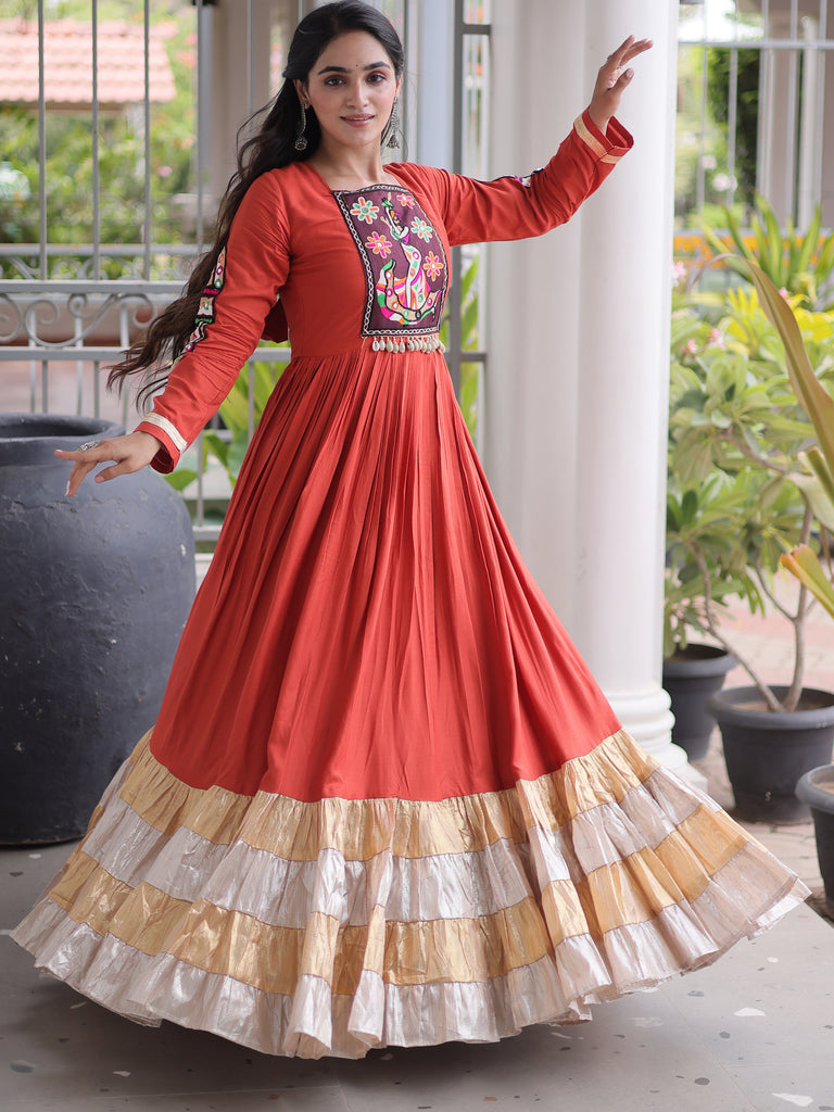 Charming Rust Orange Gamthi Work Rayon Festive Wear Gown