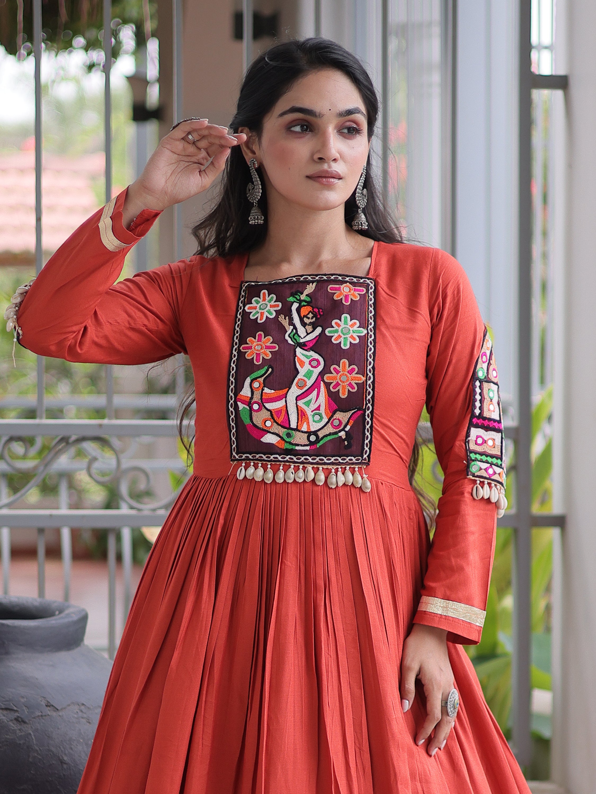 Charming Rust Orange Gamthi Work Rayon Festive Wear Gown