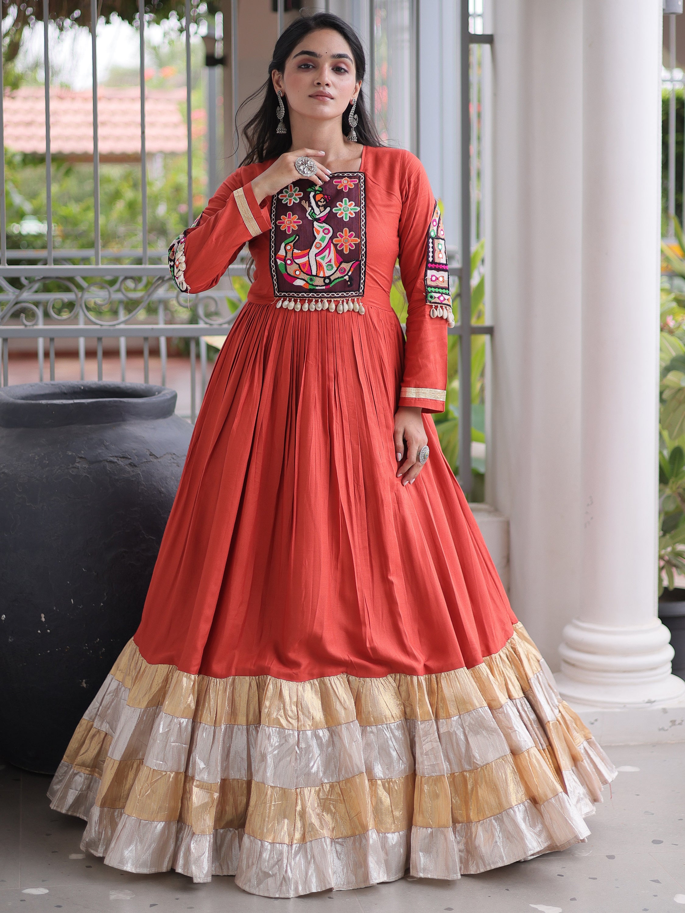 Charming Rust Orange Gamthi Work Rayon Festive Wear Gown