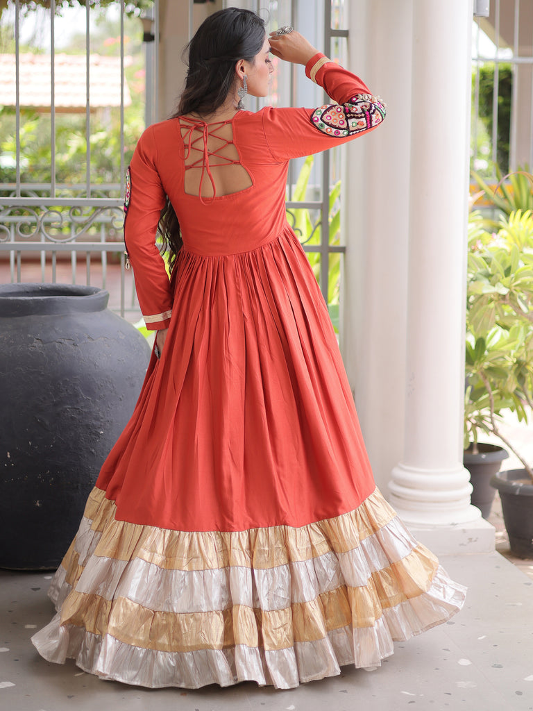 Charming Rust Orange Gamthi Work Rayon Festive Wear Gown