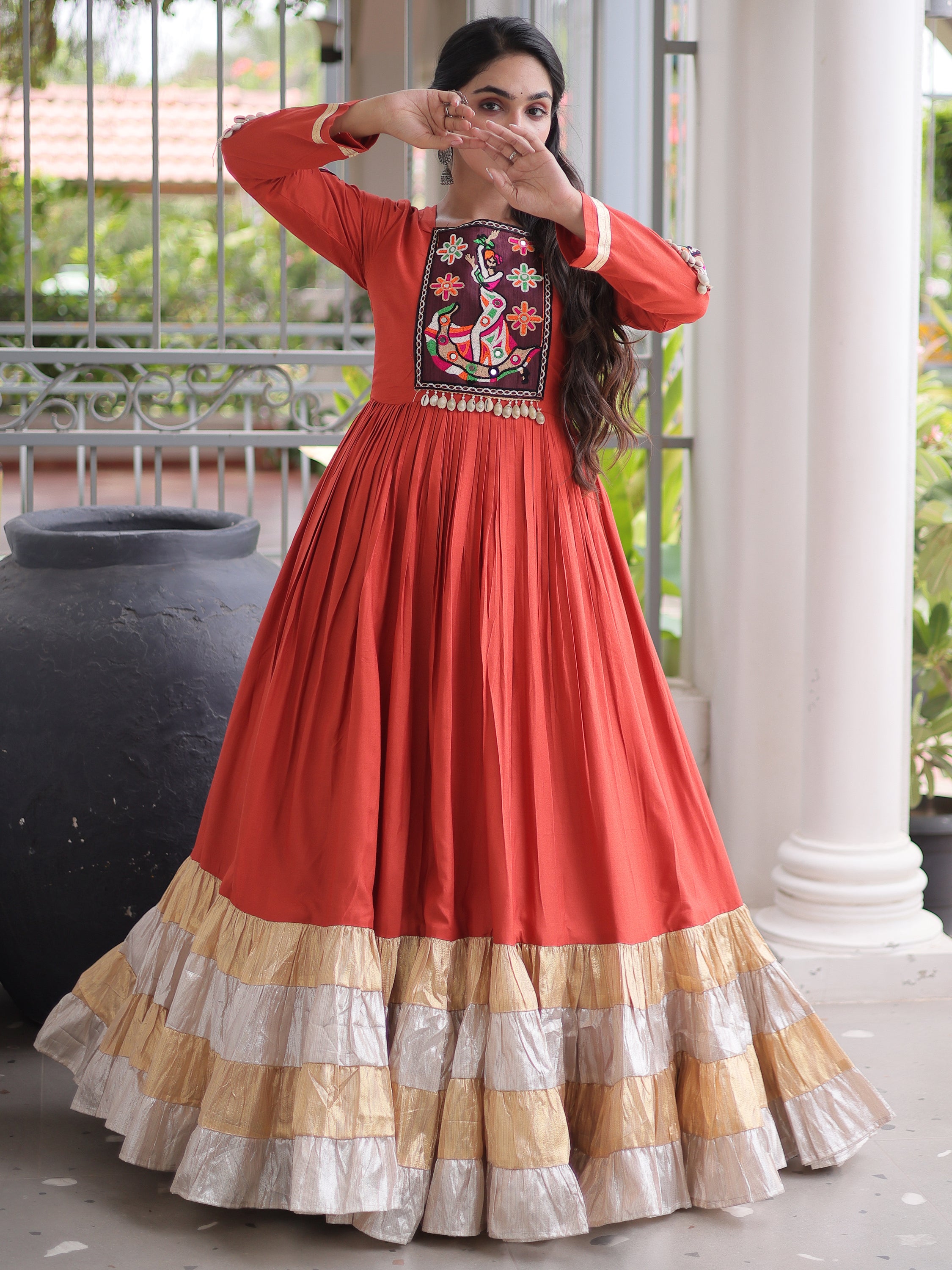 Charming Rust Orange Gamthi Work Rayon Festive Wear Gown