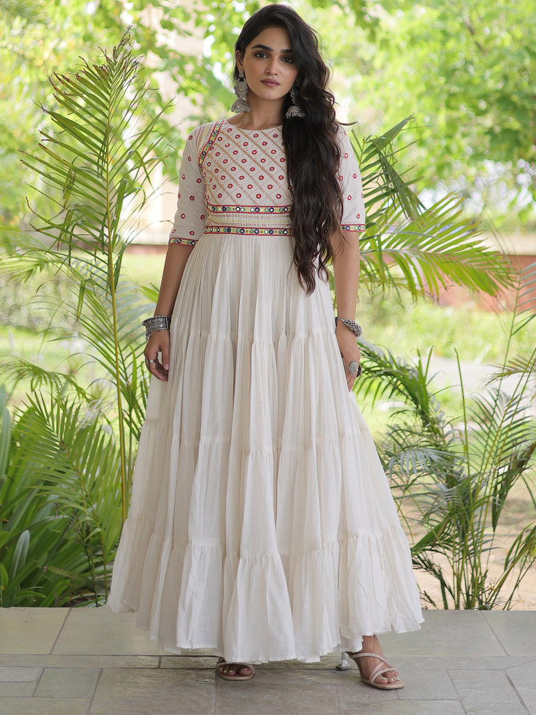 Terrific Off-White Multi Thread Work Cotton Navratri Wear Gown
