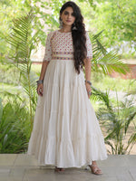 Terrific Off-White Multi Thread Work Cotton Navratri Wear Gown
