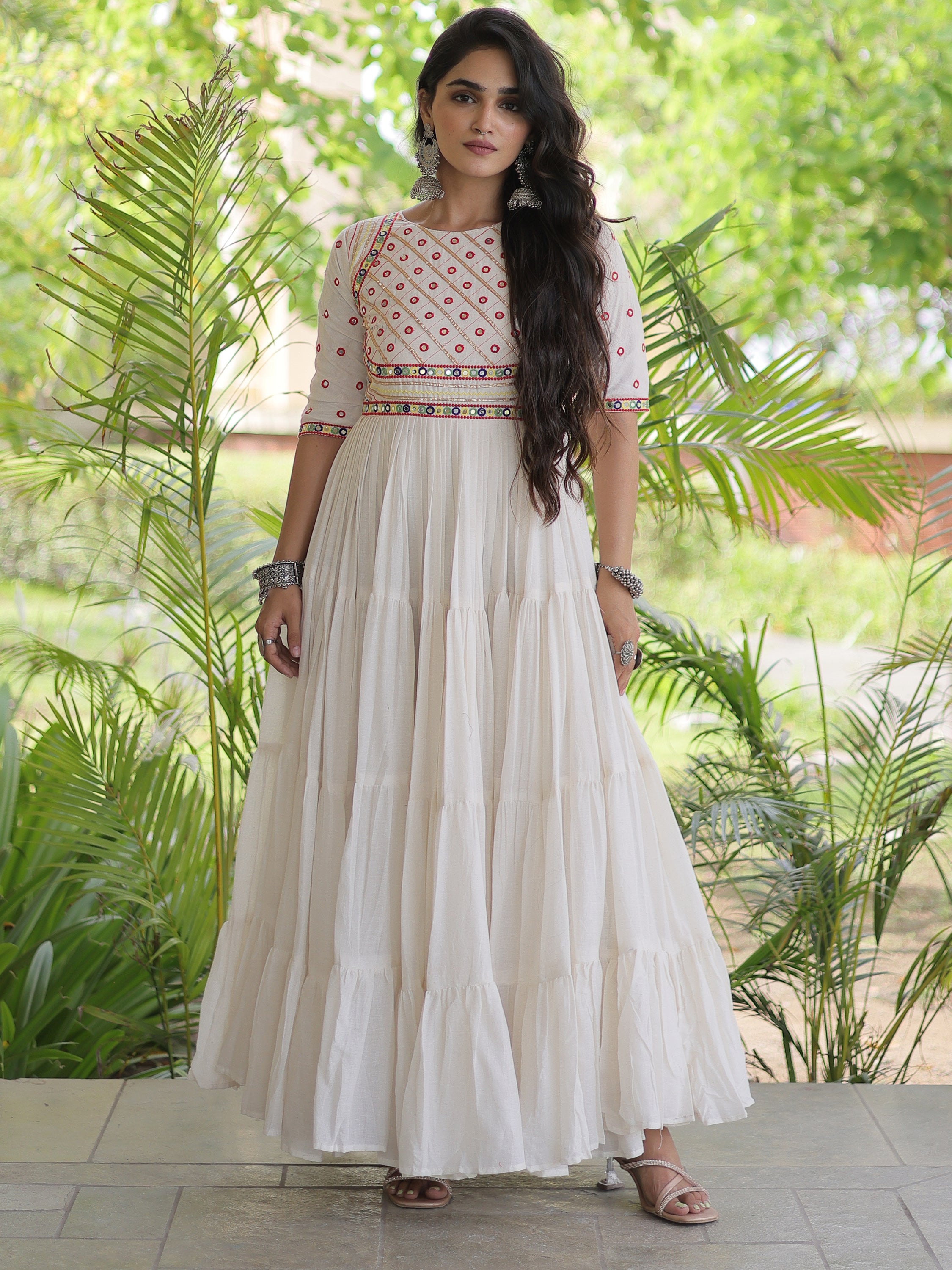 Terrific Off-White Multi Thread Work Cotton Navratri Wear Gown