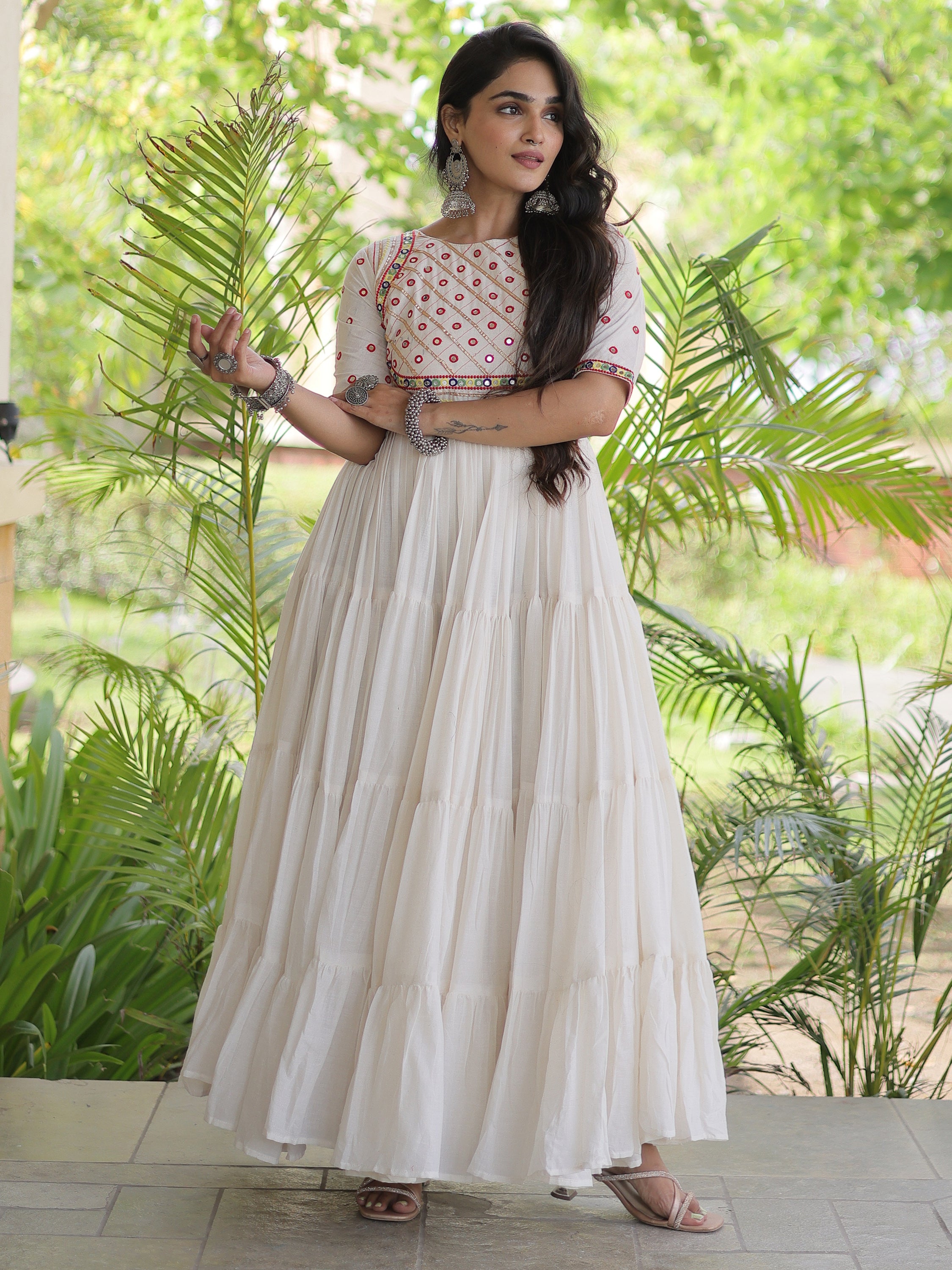 Terrific Off-White Multi Thread Work Cotton Navratri Wear Gown