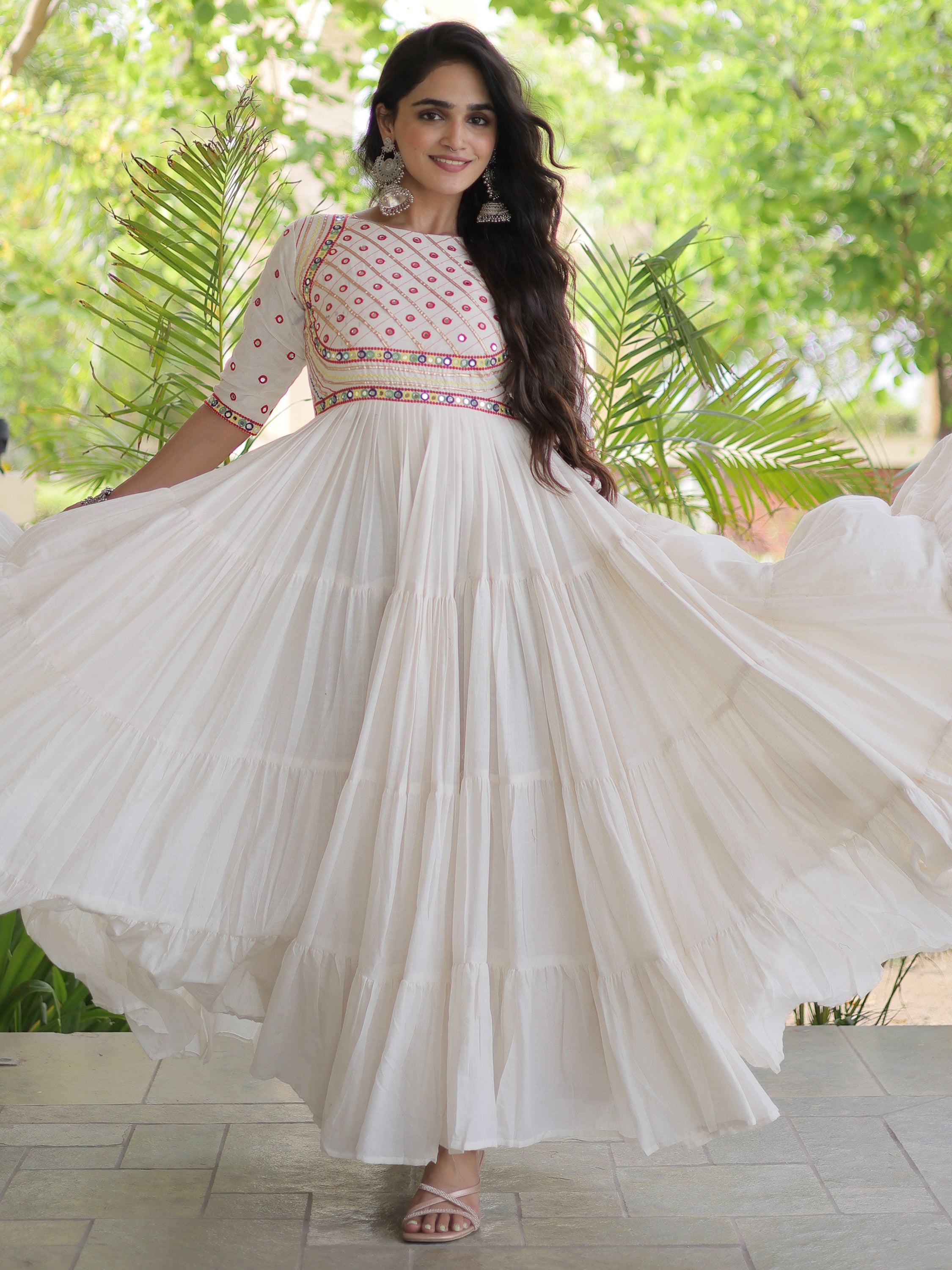 Terrific Off-White Multi Thread Work Cotton Navratri Wear Gown