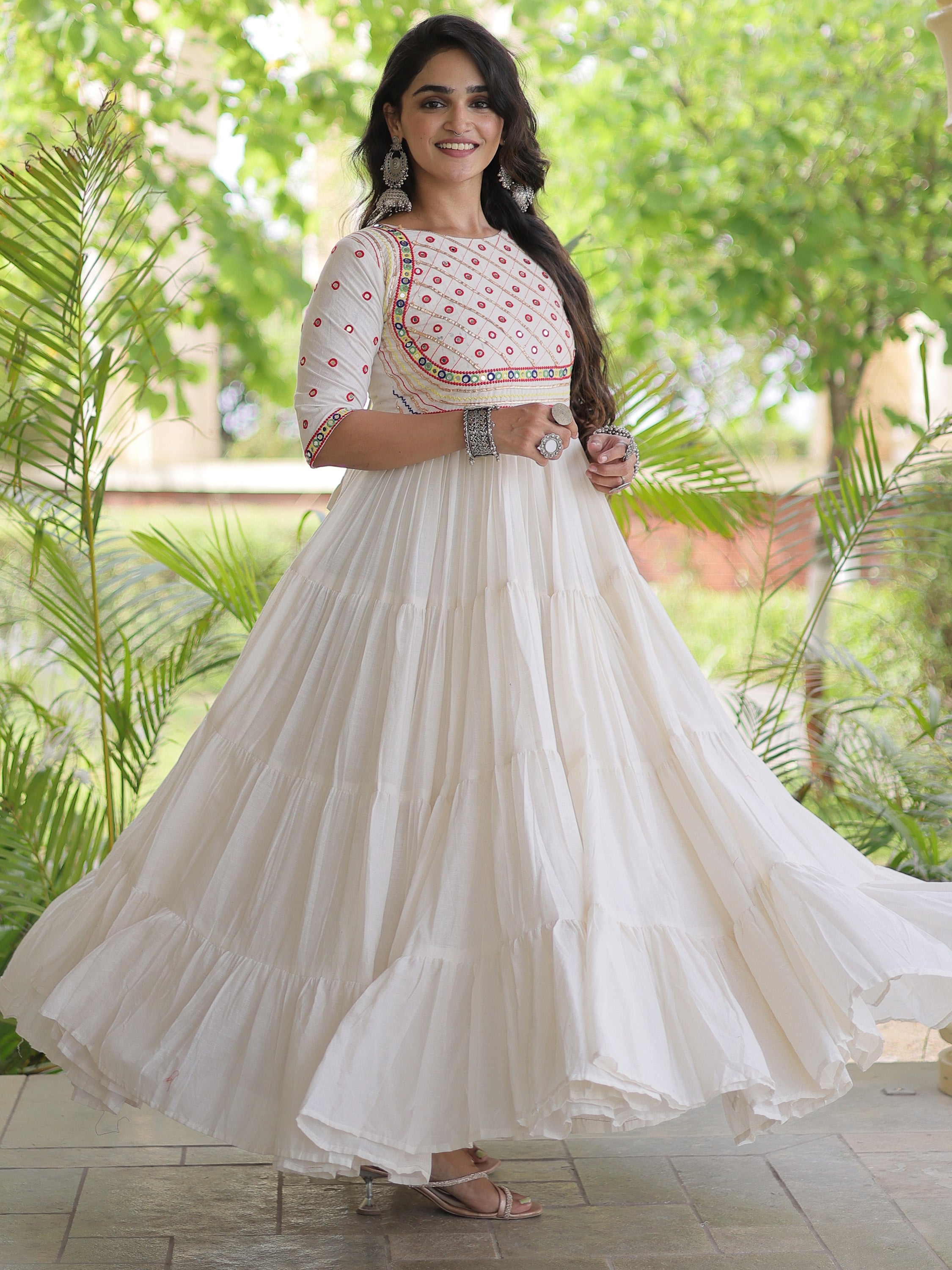 Terrific Off-White Multi Thread Work Cotton Navratri Wear Gown