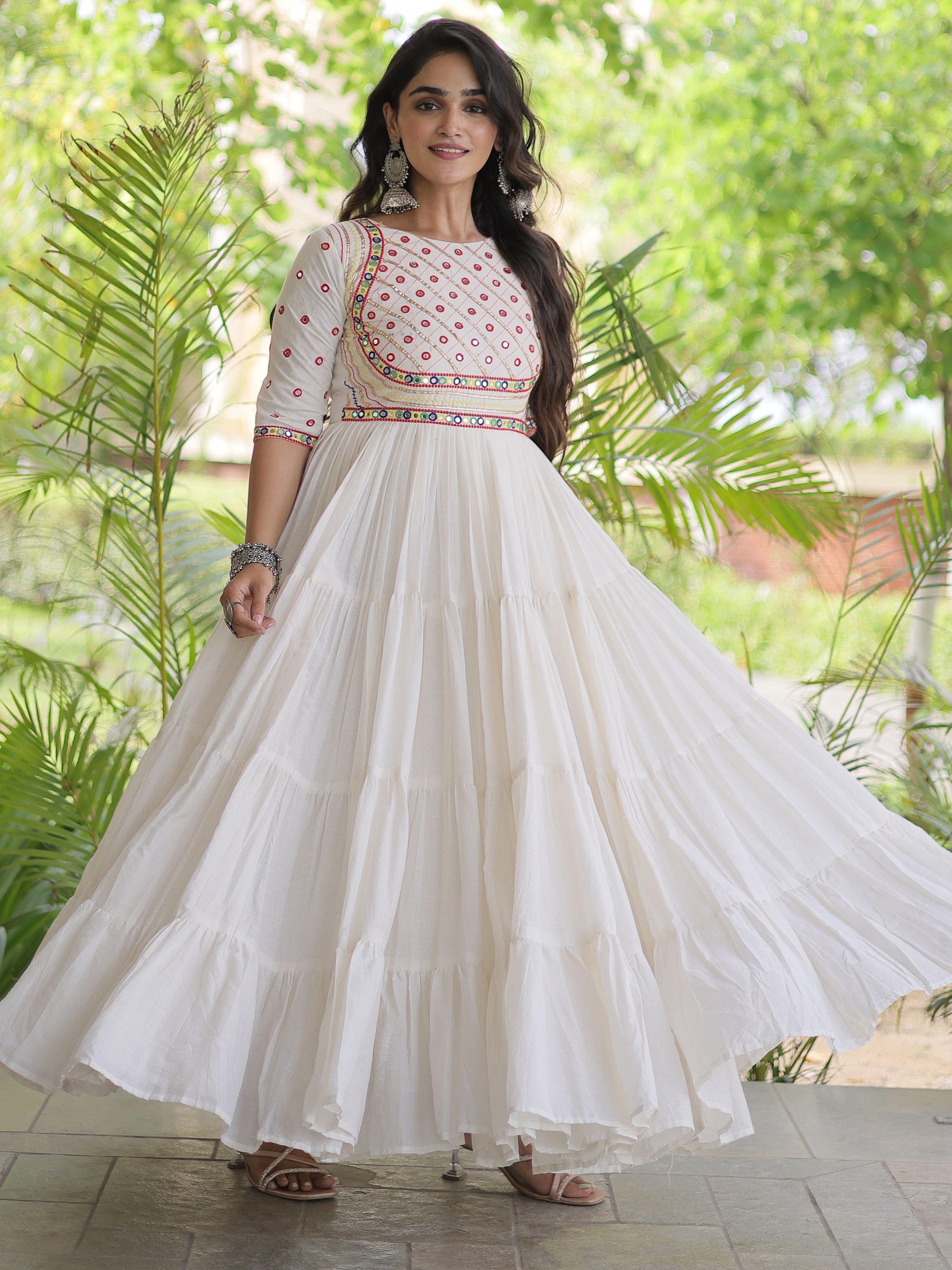Terrific Off-White Multi Thread Work Cotton Navratri Wear Gown