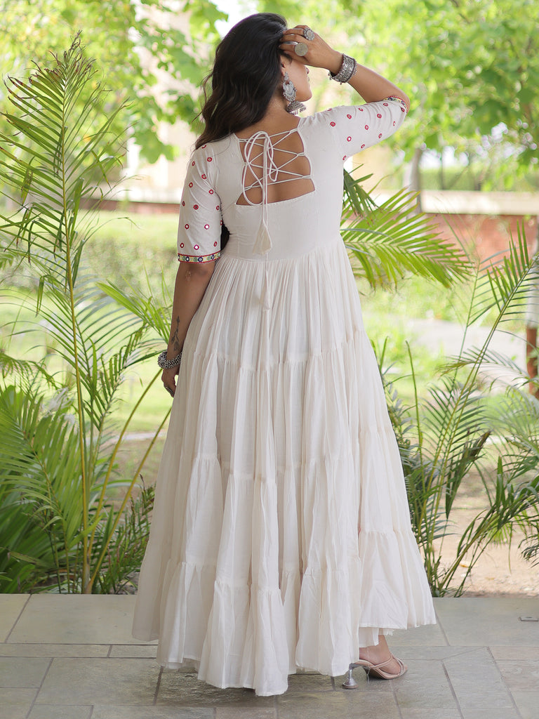 Terrific Off-White Multi Thread Work Cotton Navratri Wear Gown