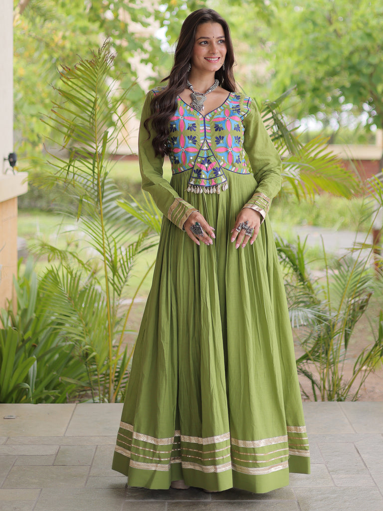 Fabulous Green Thread Work Cotton Navratri Special Gown