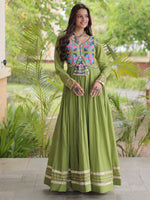 Fabulous Green Thread Work Cotton Navratri Special Gown