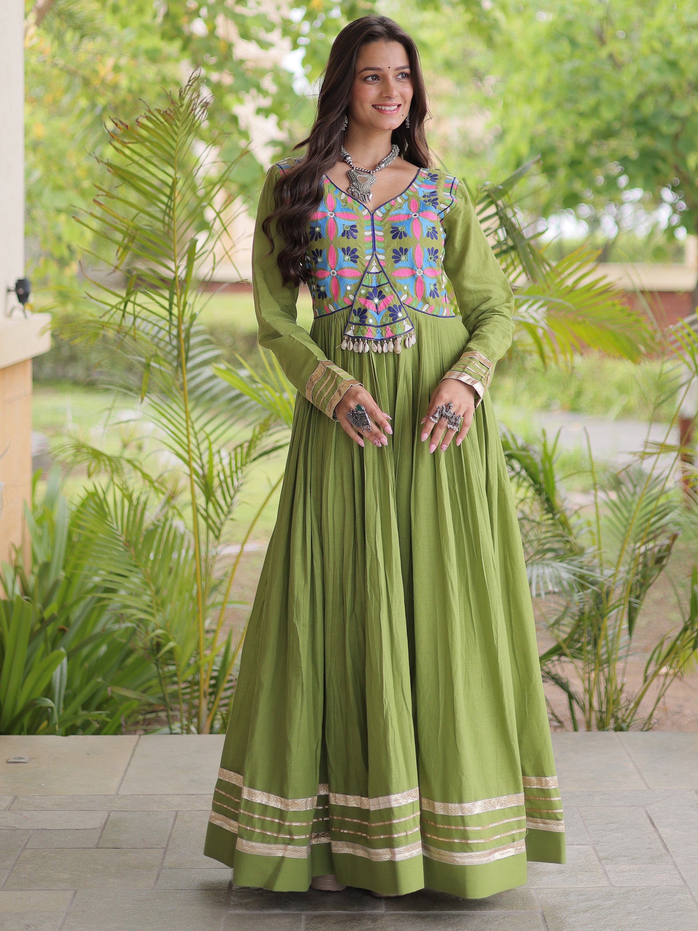 Fabulous Green Thread Work Cotton Navratri Special Gown
