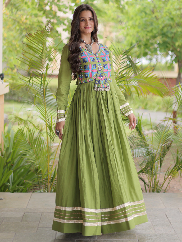 Fabulous Green Thread Work Cotton Navratri Special Gown
