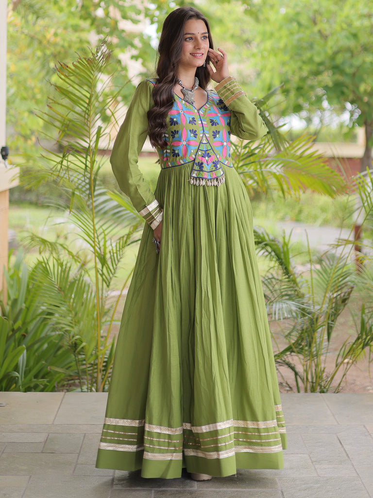 Fabulous Green Thread Work Cotton Navratri Special Gown
