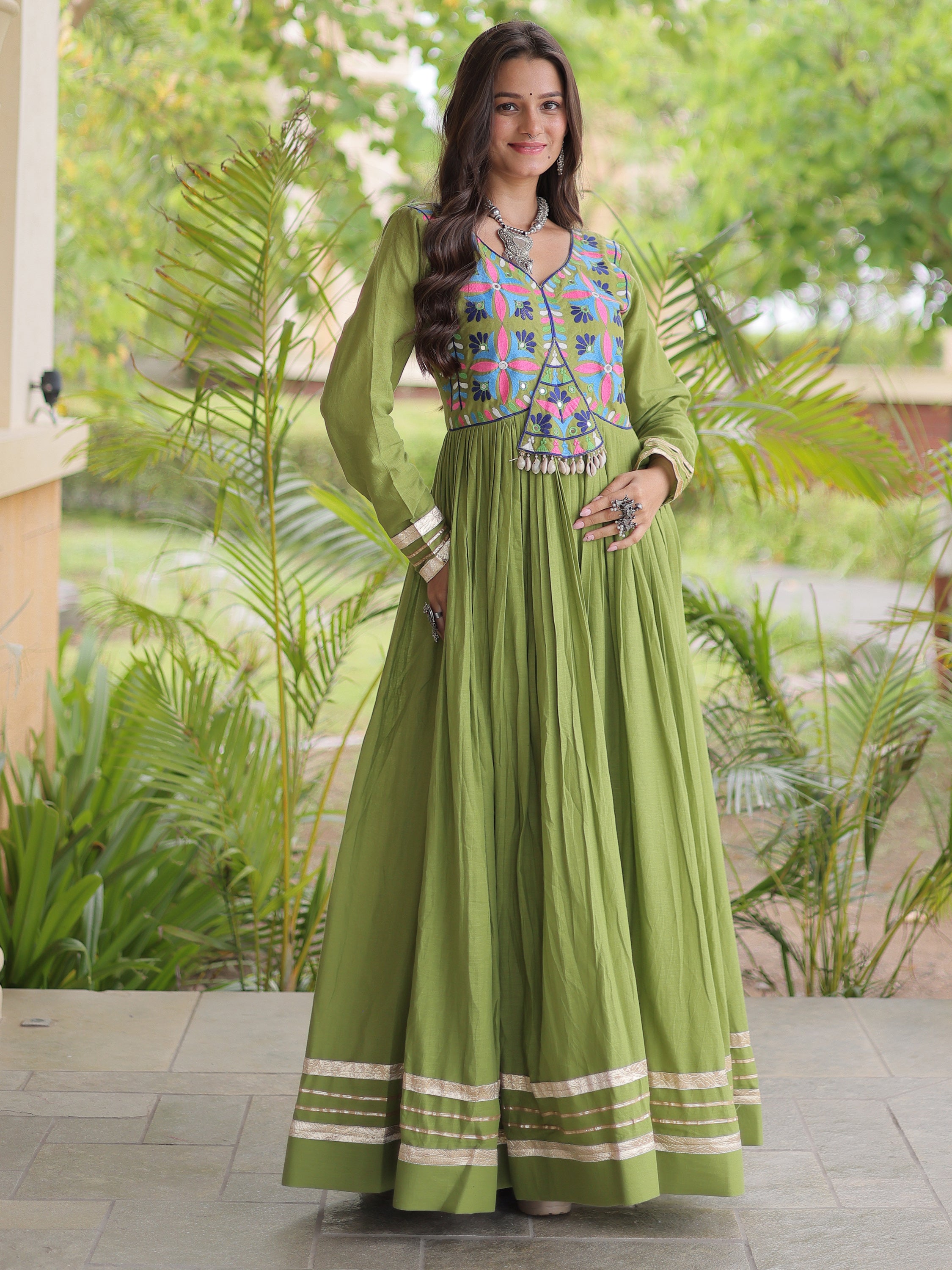 Fabulous Green Thread Work Cotton Navratri Special Gown