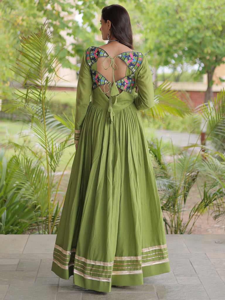 Fabulous Green Thread Work Cotton Navratri Special Gown