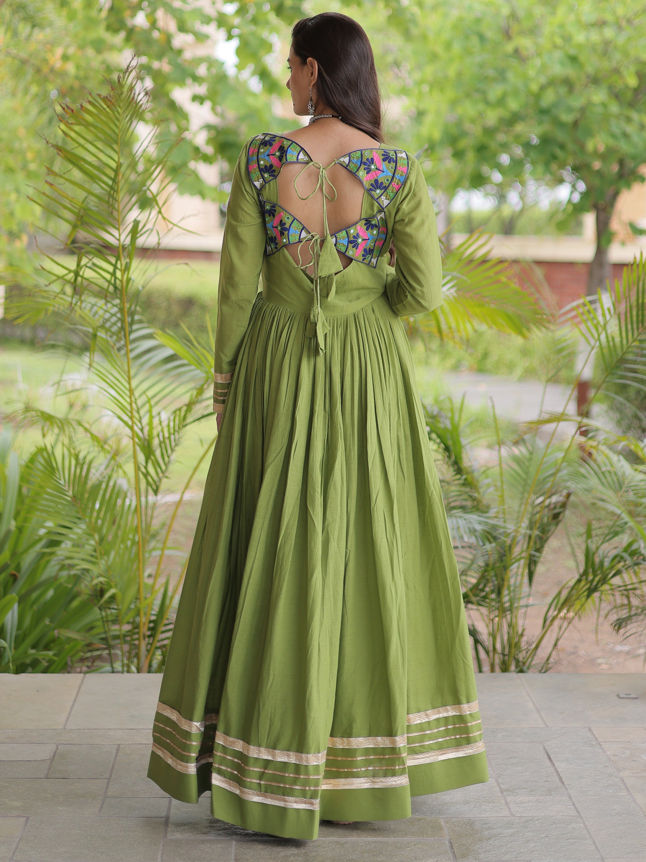 Fabulous Green Thread Work Cotton Navratri Special Gown