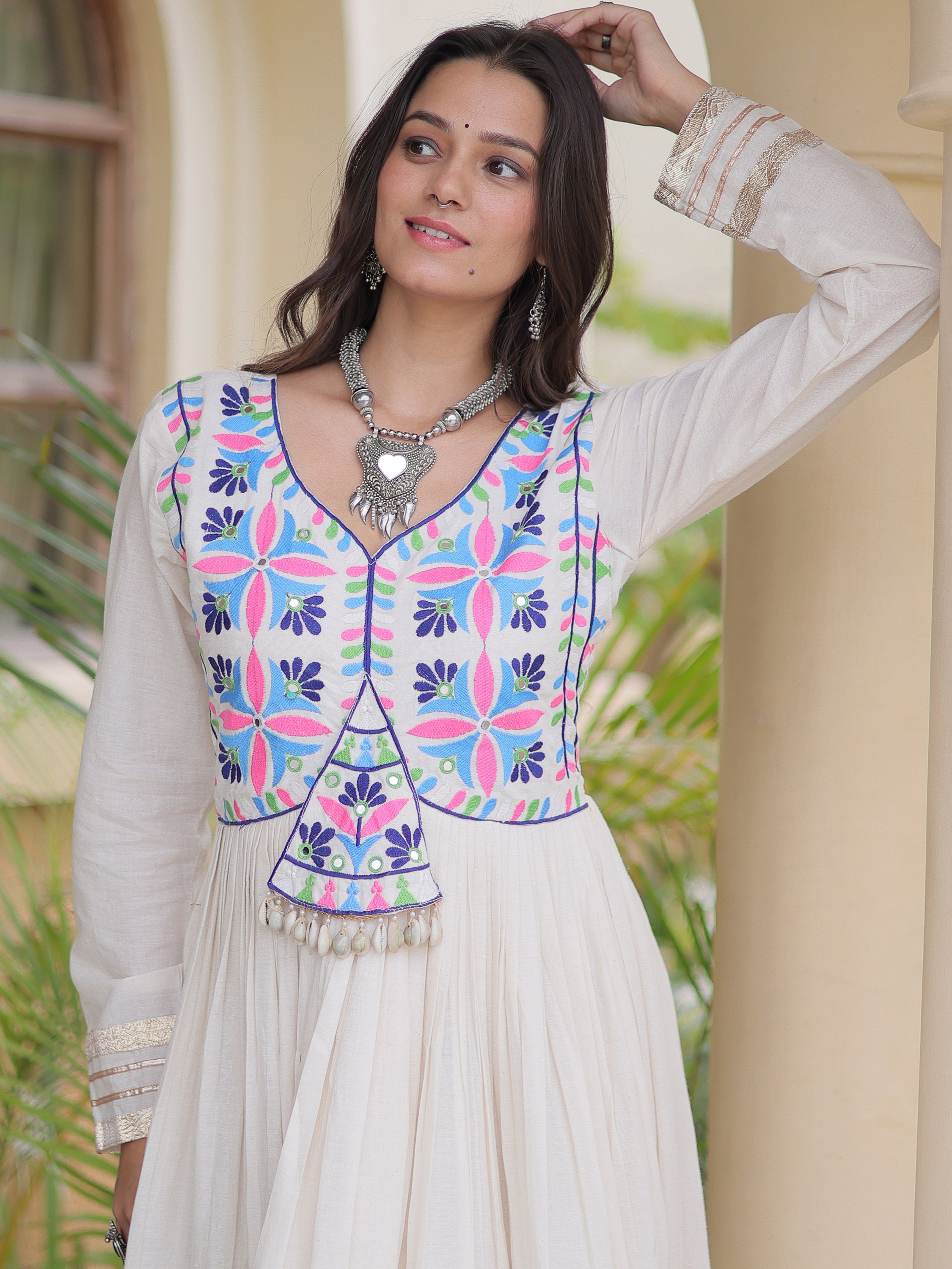 Classic Off-White Gota Laced Cotton Navratri Wear Gown