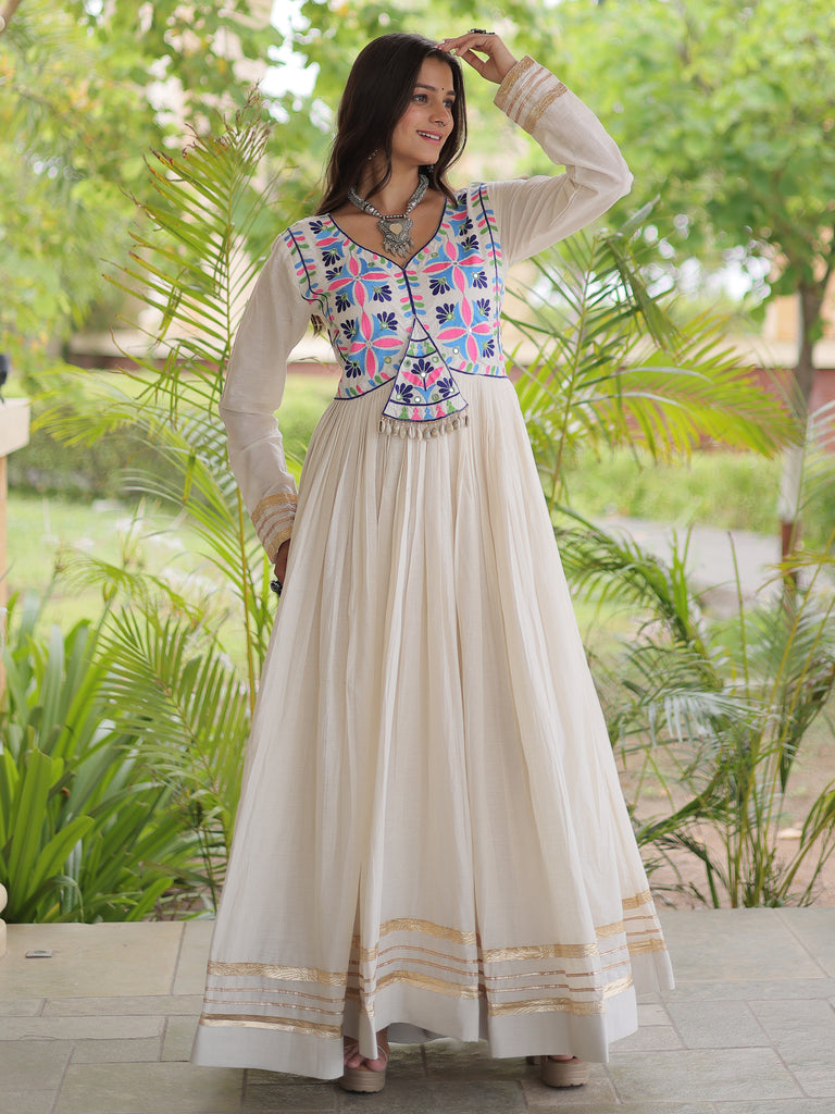 Classic Off-White Gota Laced Cotton Navratri Wear Gown