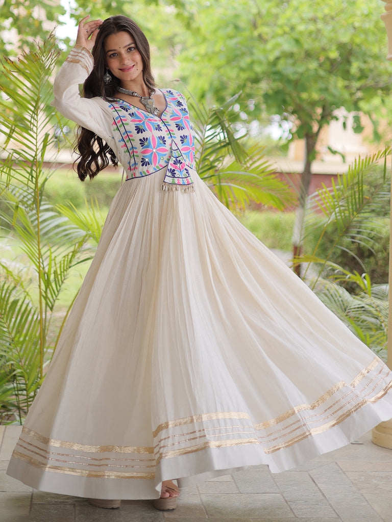 Classic Off-White Gota Laced Cotton Navratri Wear Gown