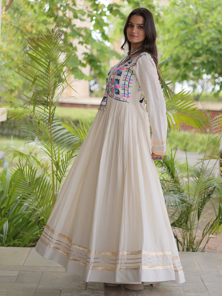 Classic Off-White Gota Laced Cotton Navratri Wear Gown