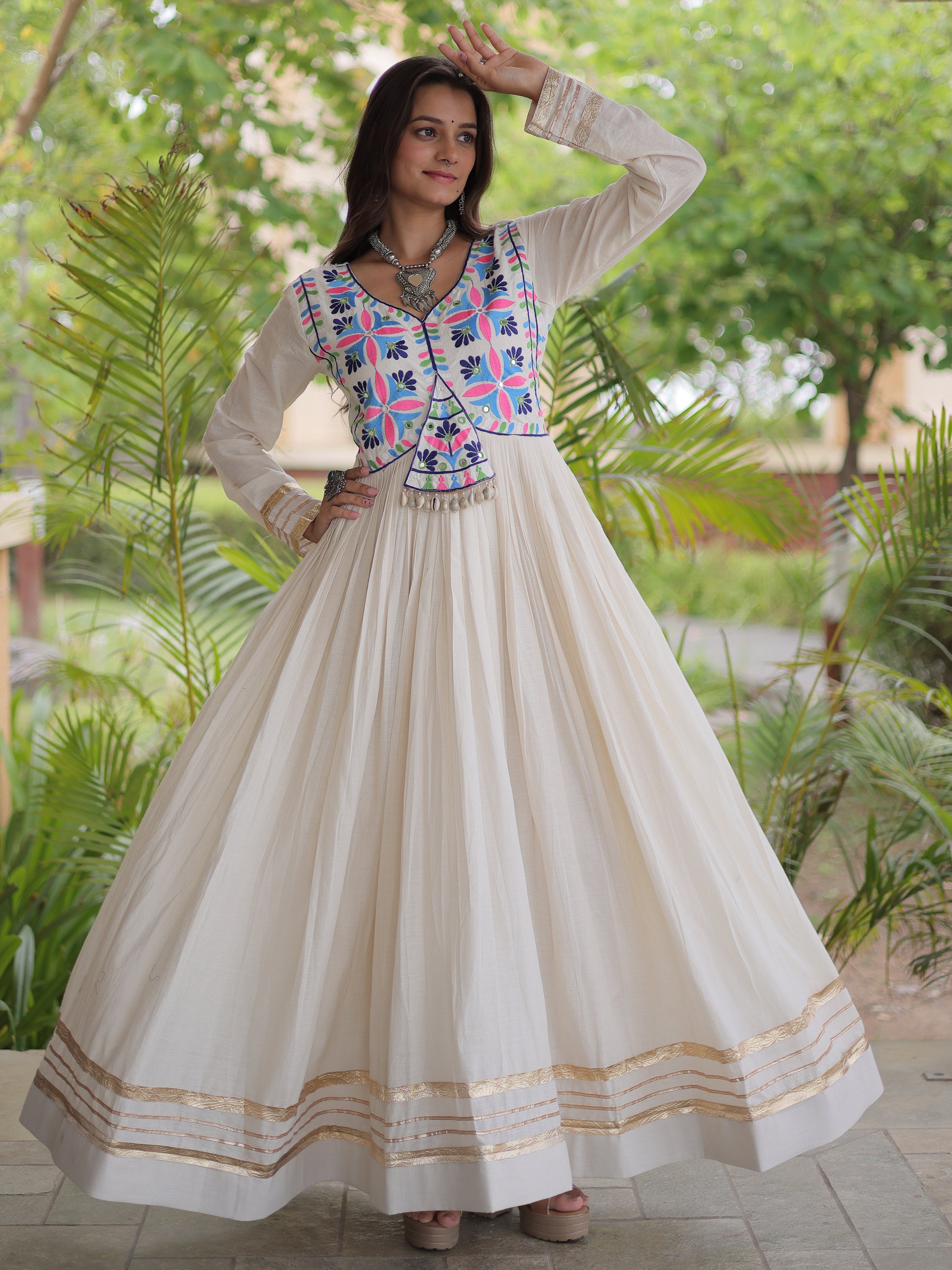 Classic Off-White Gota Laced Cotton Navratri Wear Gown