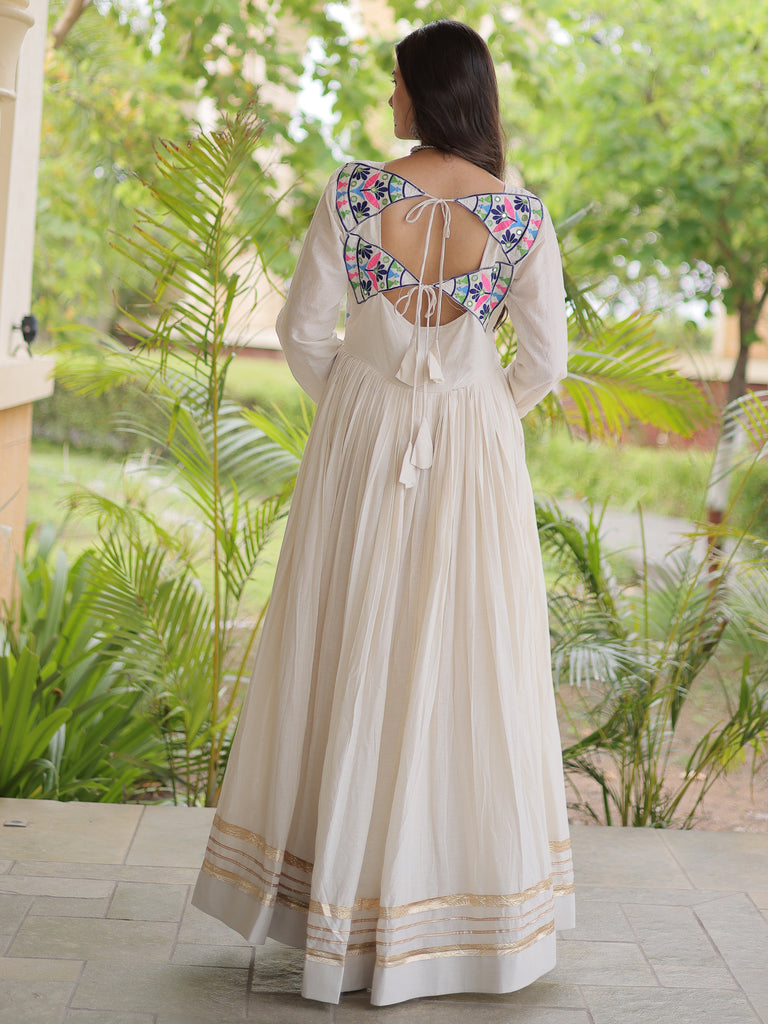 Classic Off-White Gota Laced Cotton Navratri Wear Gown