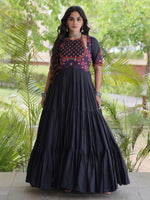 Aesthetic Black Multi Thread Work Cotton Navratri Wear Gown
