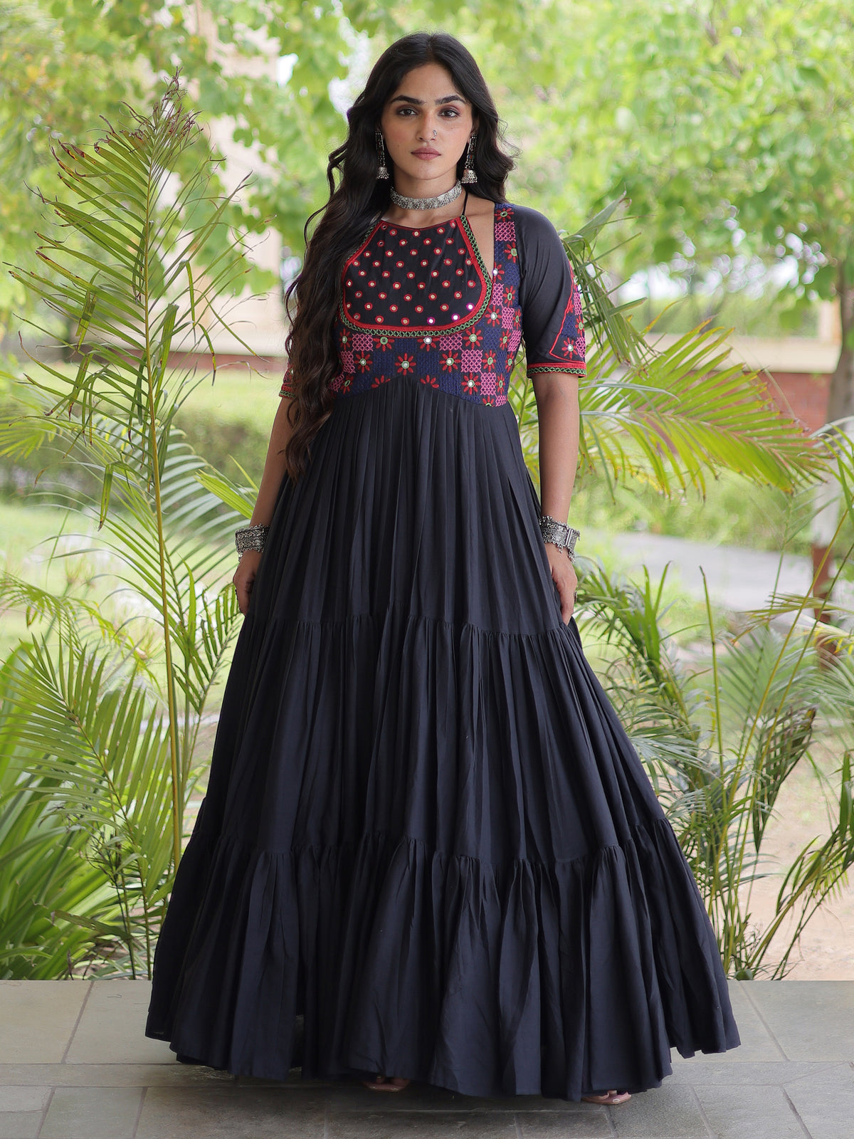 Aesthetic White Multi Thread Work Cotton Navratri Wear Gown