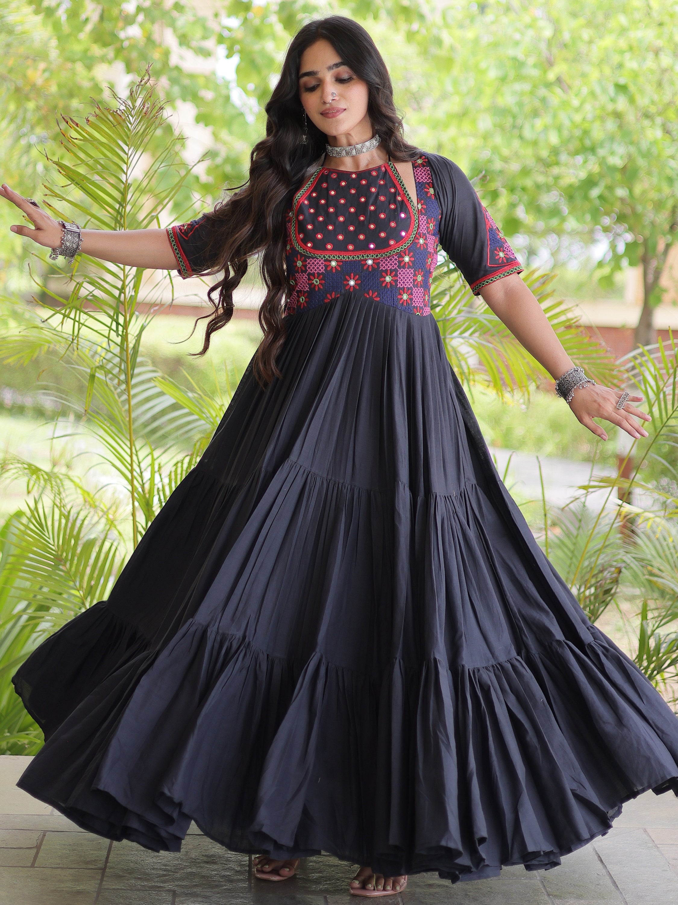 Aesthetic White Multi Thread Work Cotton Navratri Wear Gown