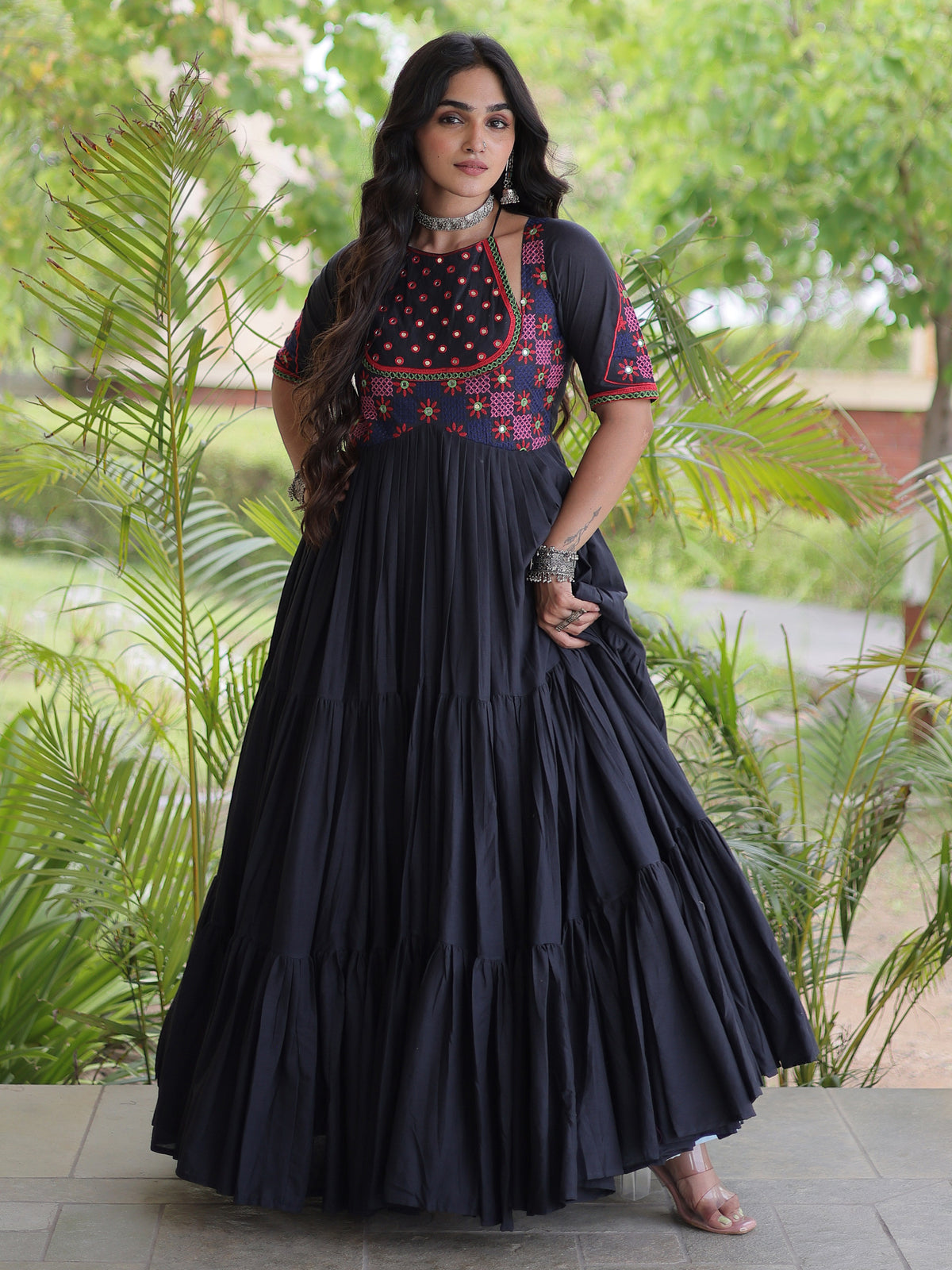 Aesthetic White Multi Thread Work Cotton Navratri Wear Gown