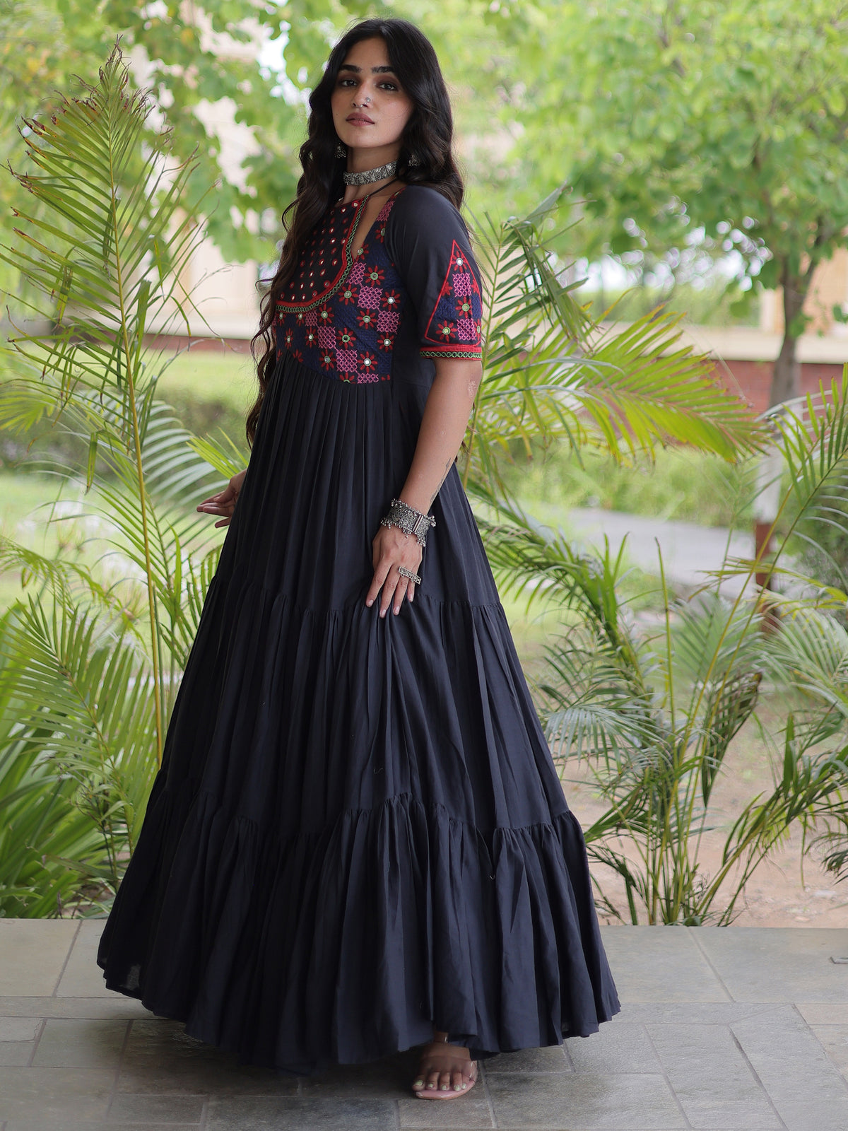 Aesthetic White Multi Thread Work Cotton Navratri Wear Gown