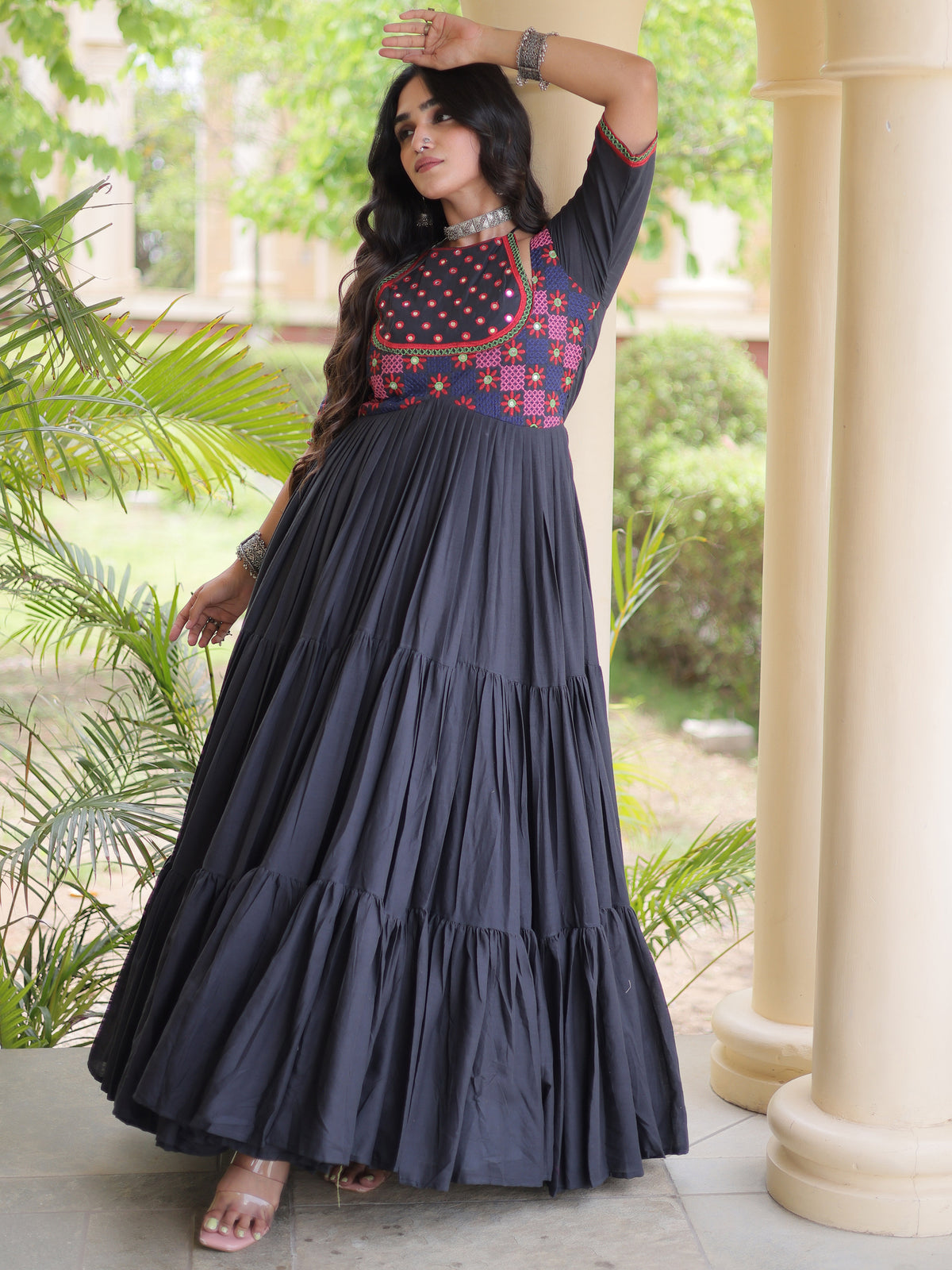 Aesthetic White Multi Thread Work Cotton Navratri Wear Gown
