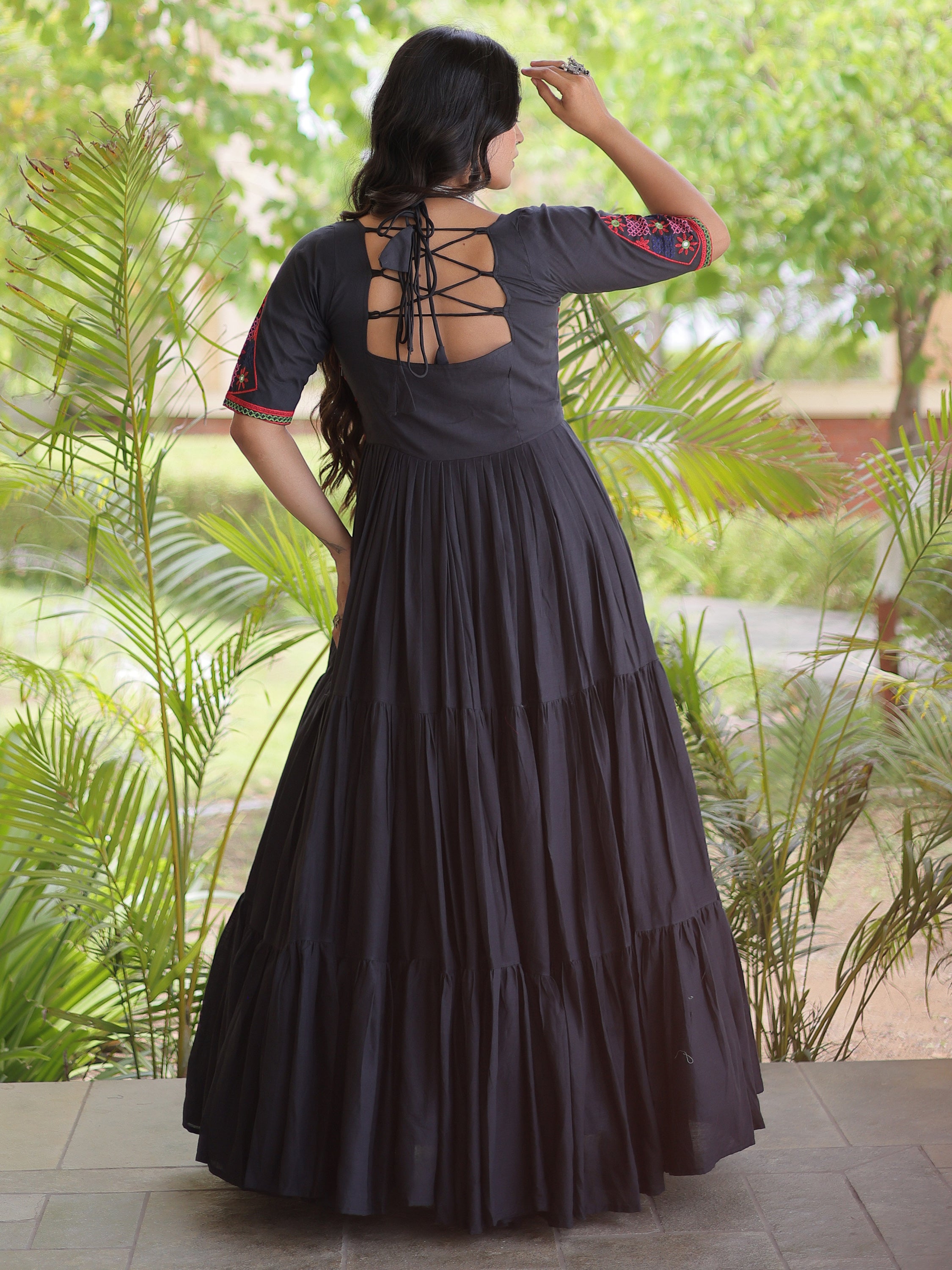 Aesthetic White Multi Thread Work Cotton Navratri Wear Gown