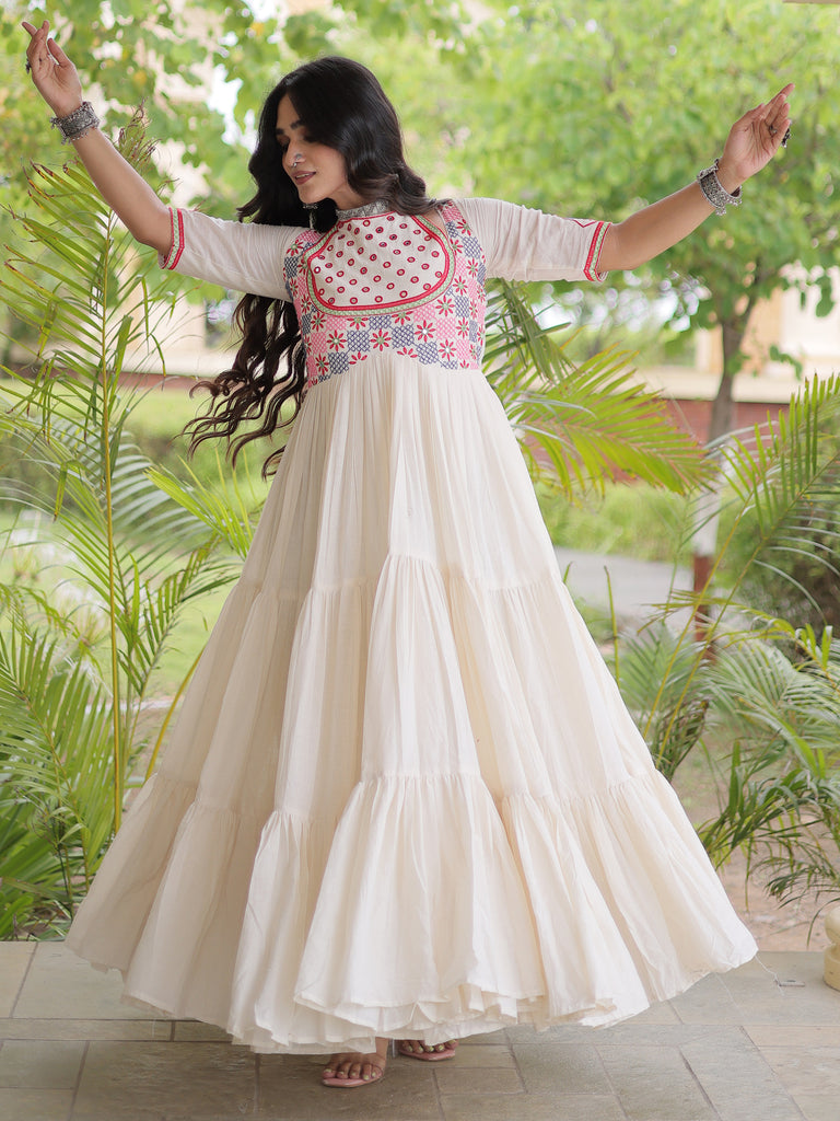 Classic White Mirror Work Cotton Navratri Special Gown