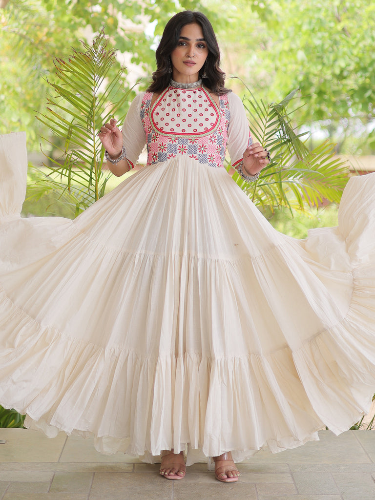 Classic White Mirror Work Cotton Navratri Special Gown