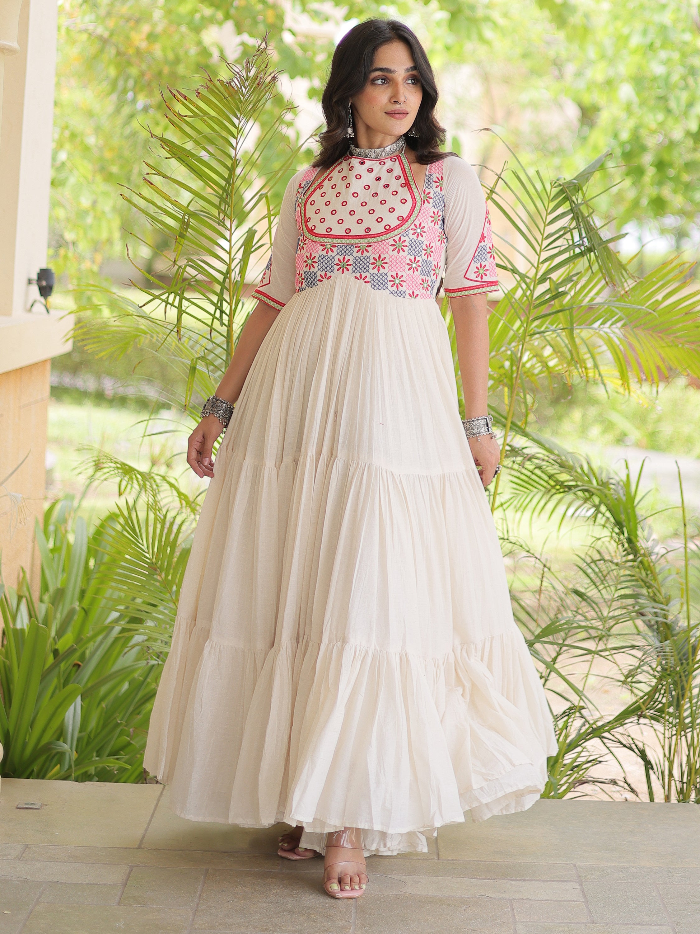Classic White Mirror Work Cotton Navratri Special Gown