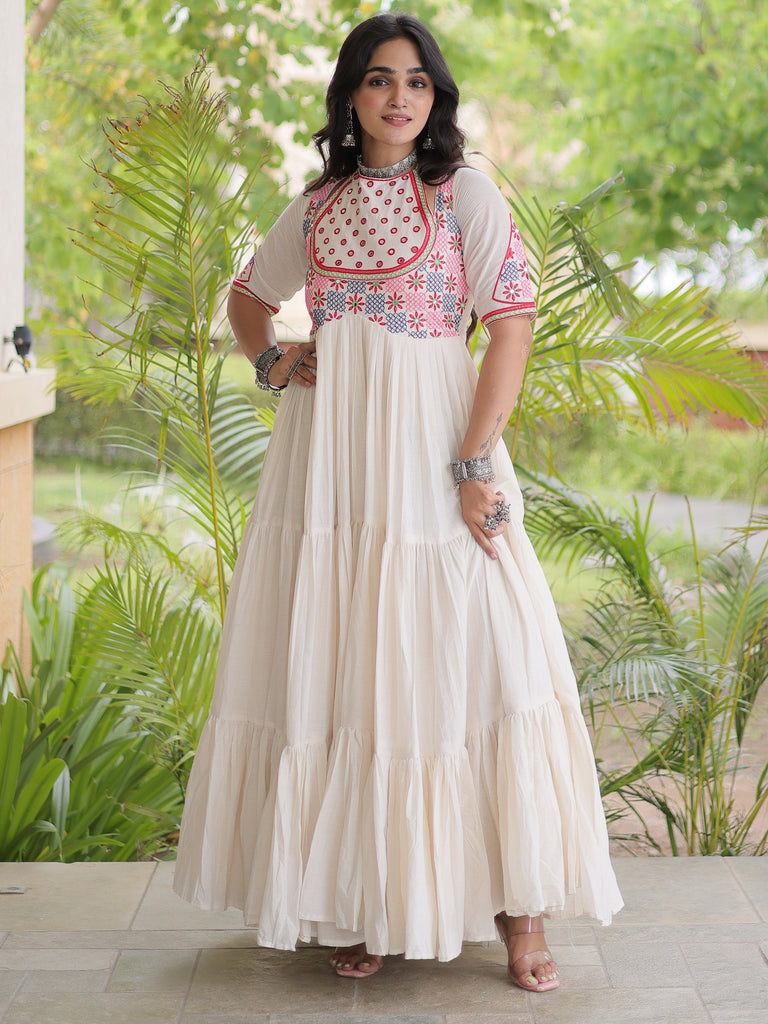 Classic White Mirror Work Cotton Navratri Special Gown