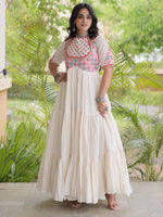 Classic White Mirror Work Cotton Navratri Special Gown