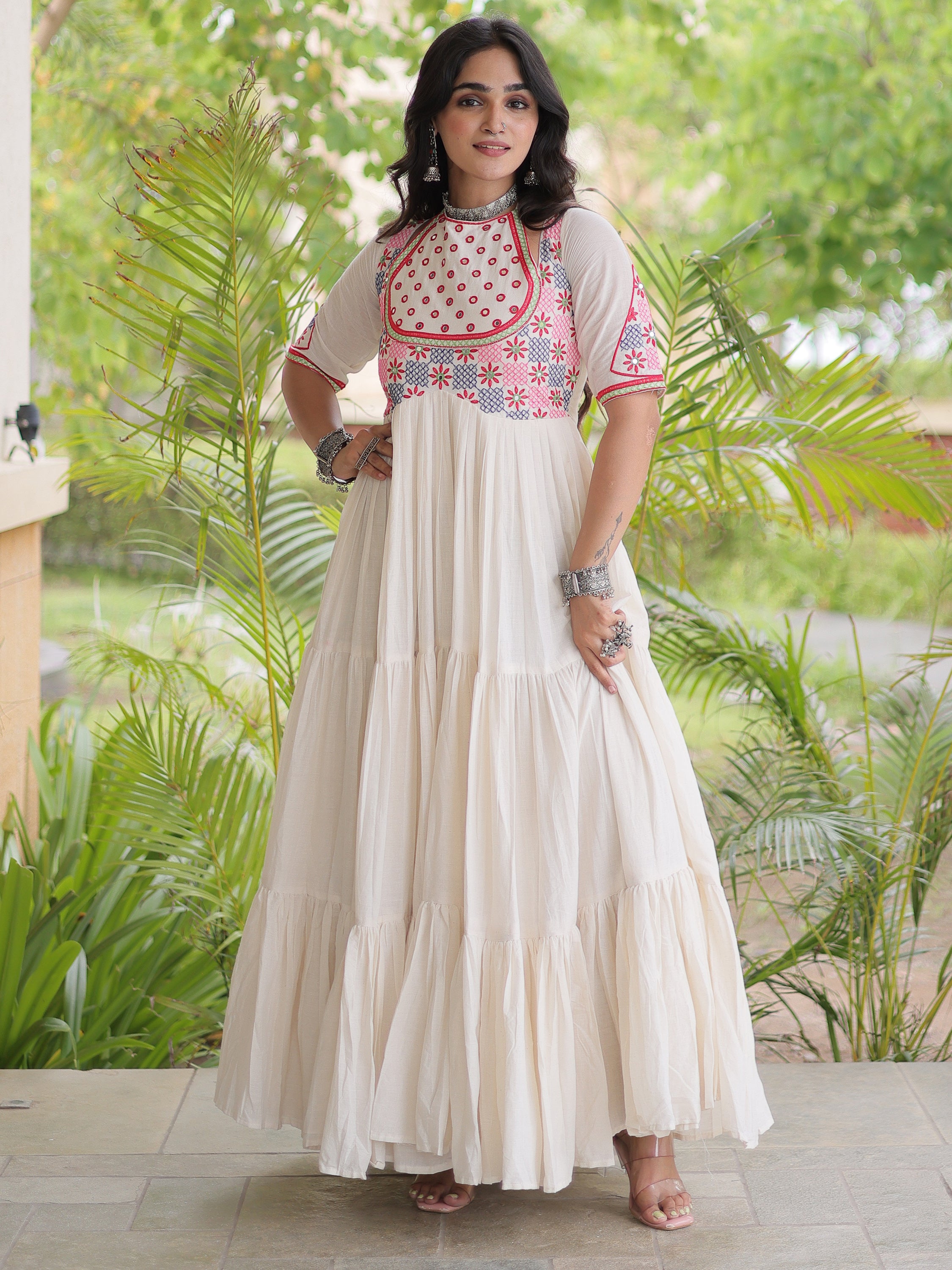 Classic White Mirror Work Cotton Navratri Special Gown