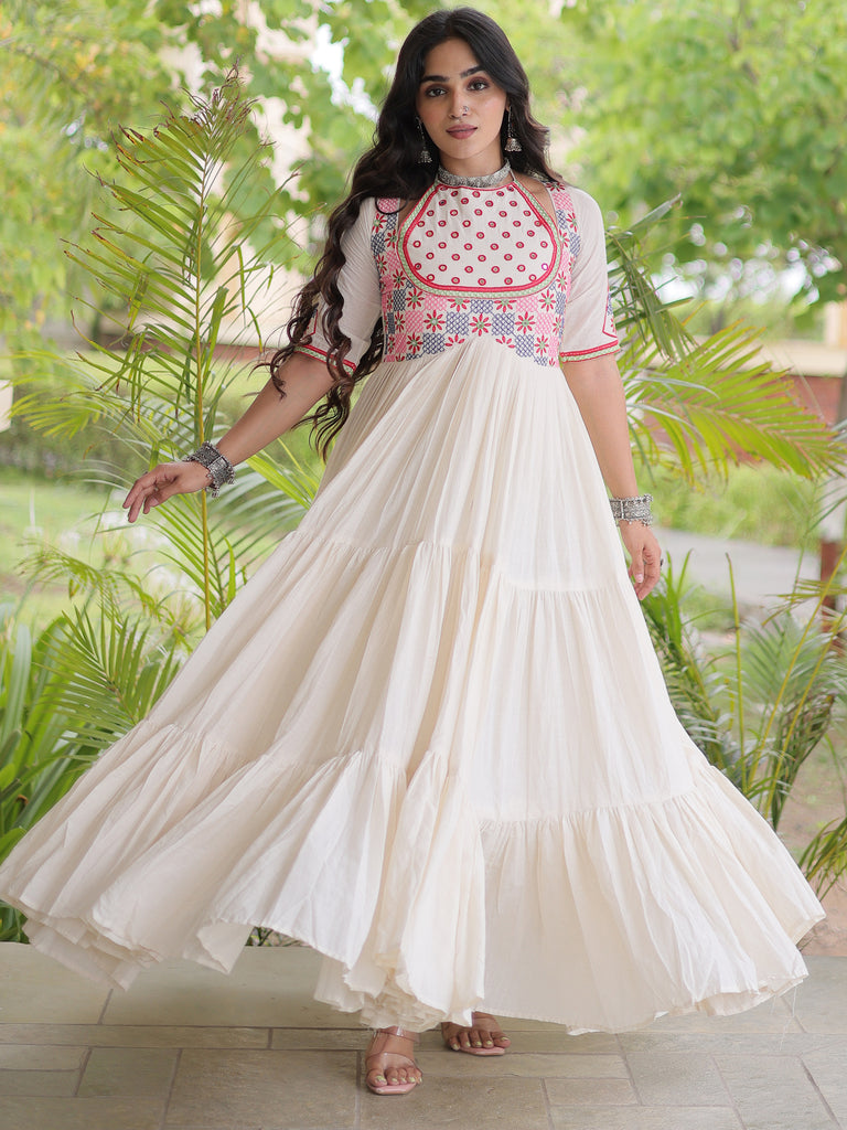 Classic White Mirror Work Cotton Navratri Special Gown