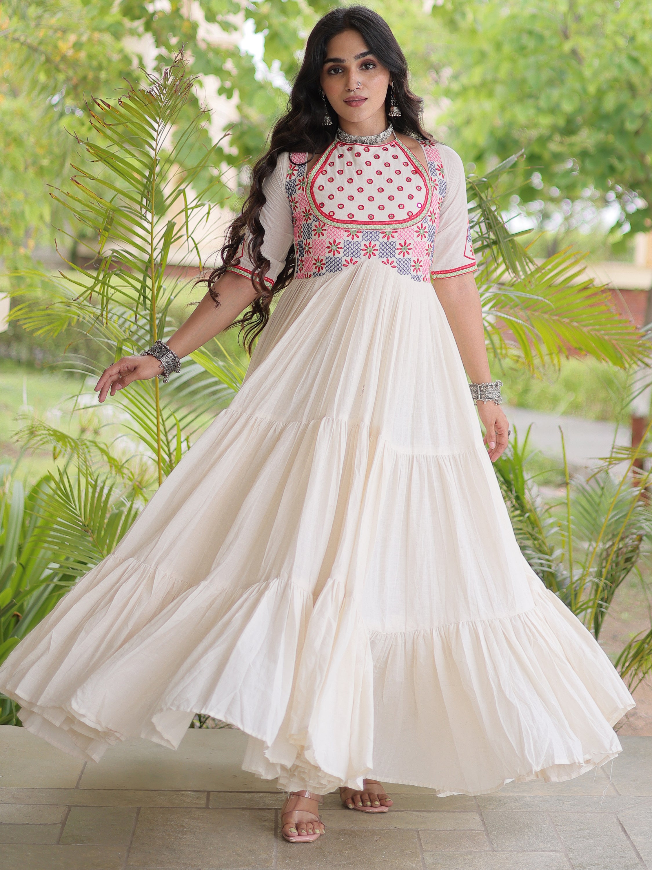 Classic White Mirror Work Cotton Navratri Special Gown