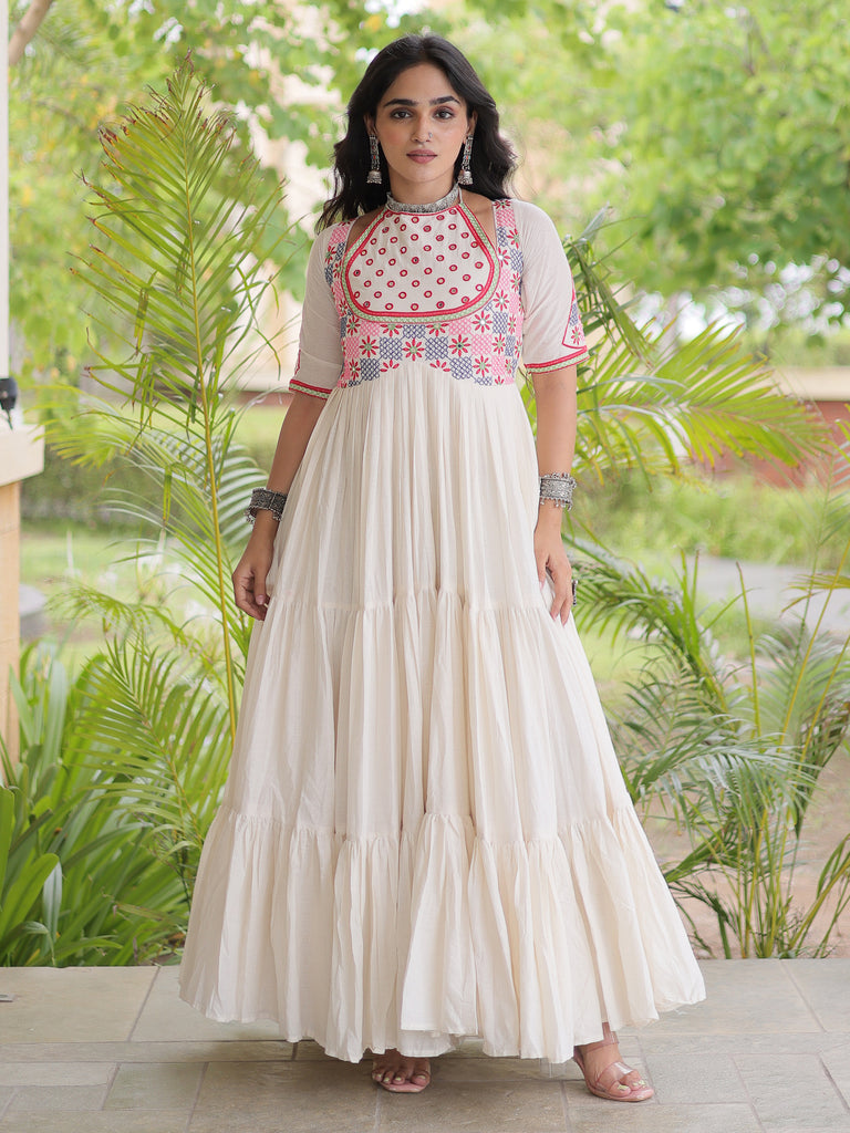 Classic White Mirror Work Cotton Navratri Special Gown