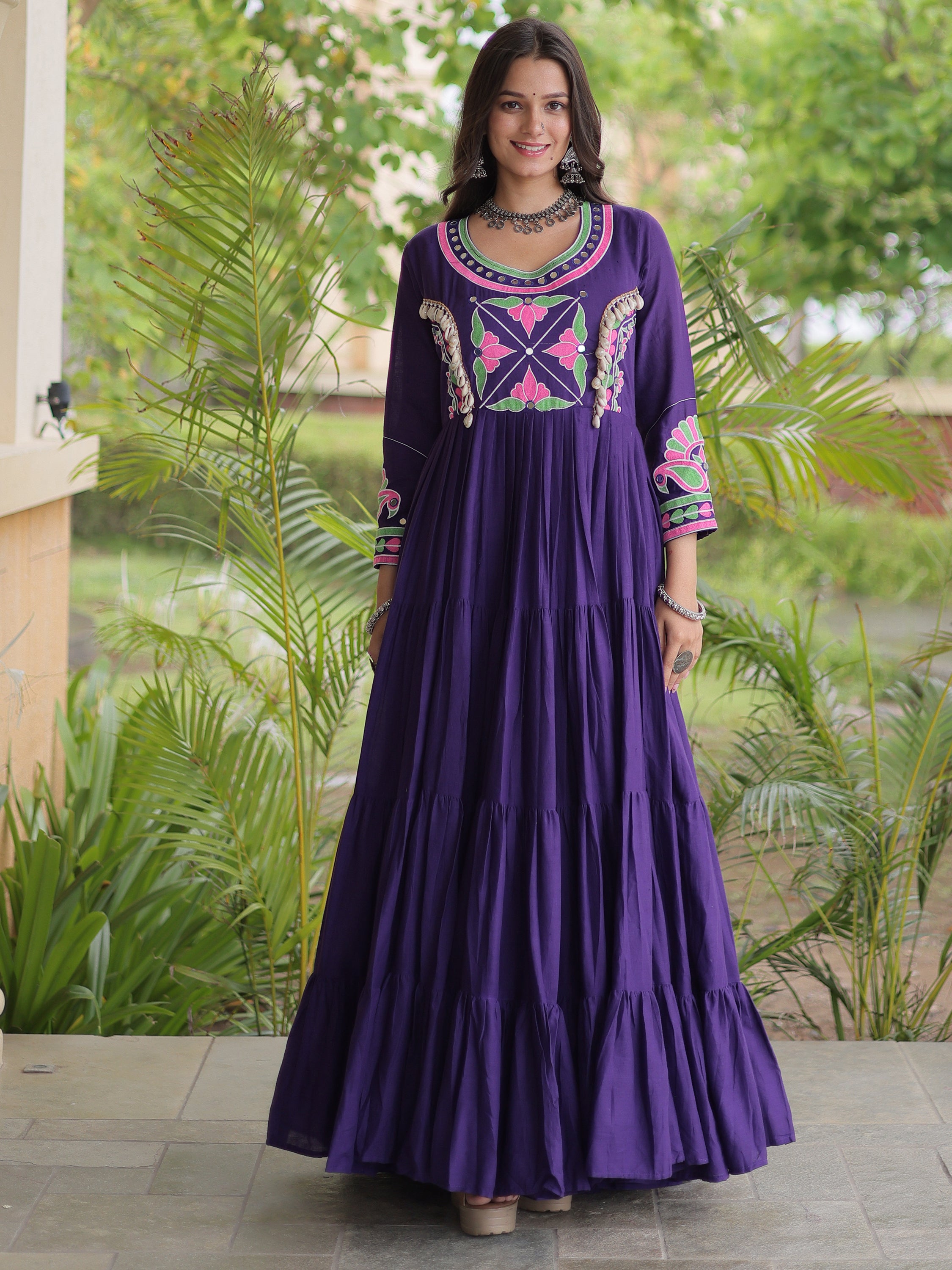 Captivating Purple Multi Thread Work Cotton Navratri Special Gown